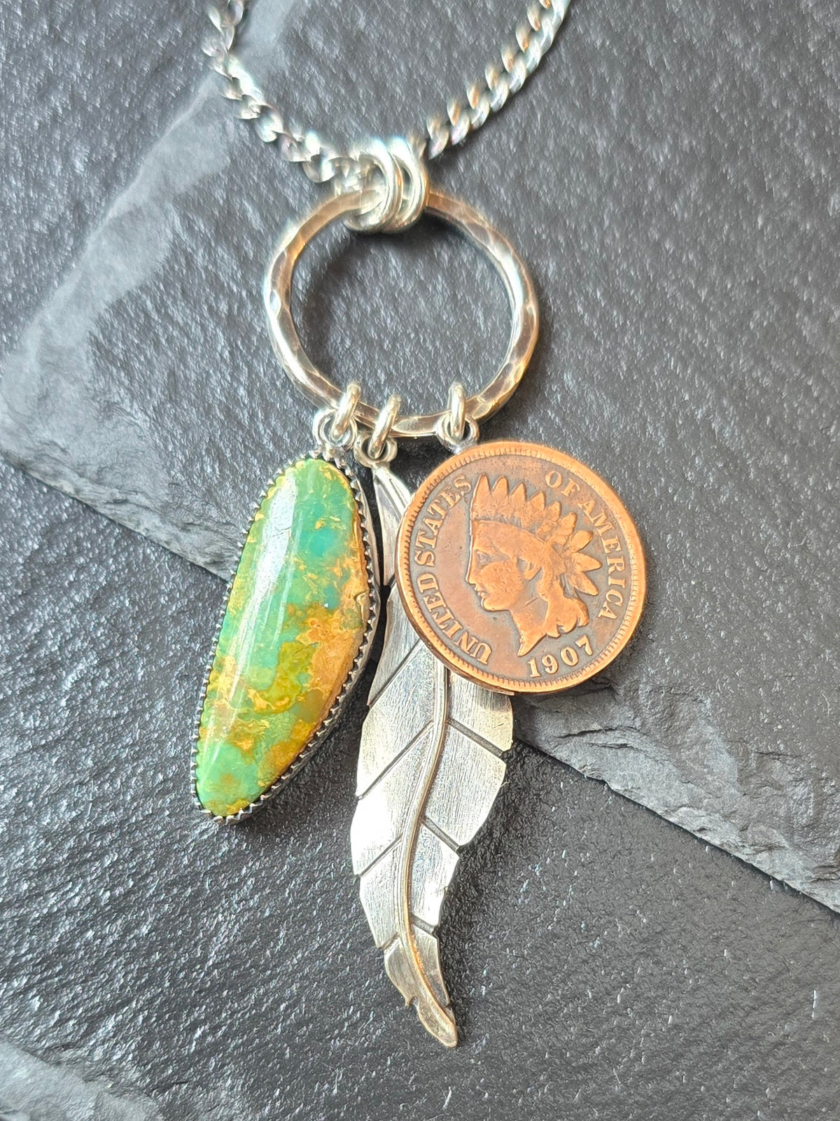 TURQUOISE INDIAN FEATHER Charm Necklace | Hancrafted Sterling Silver Stone Mountain Geniune Crescent Moon Turquoise Authentic Copper 1907