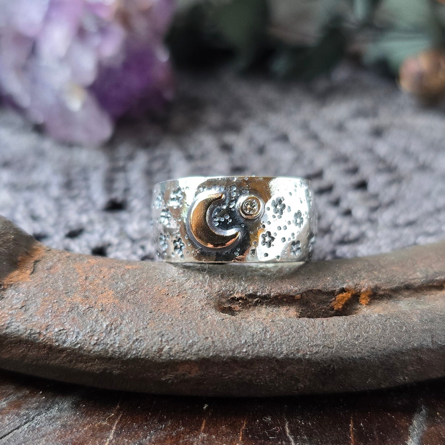 DIAMOND CRESCENT MOON Band | Certified Lab Grown or Genuine Diamond Crescent Moon Ring | 925 Sterling Silver 14k Filled Mixed Metal Band