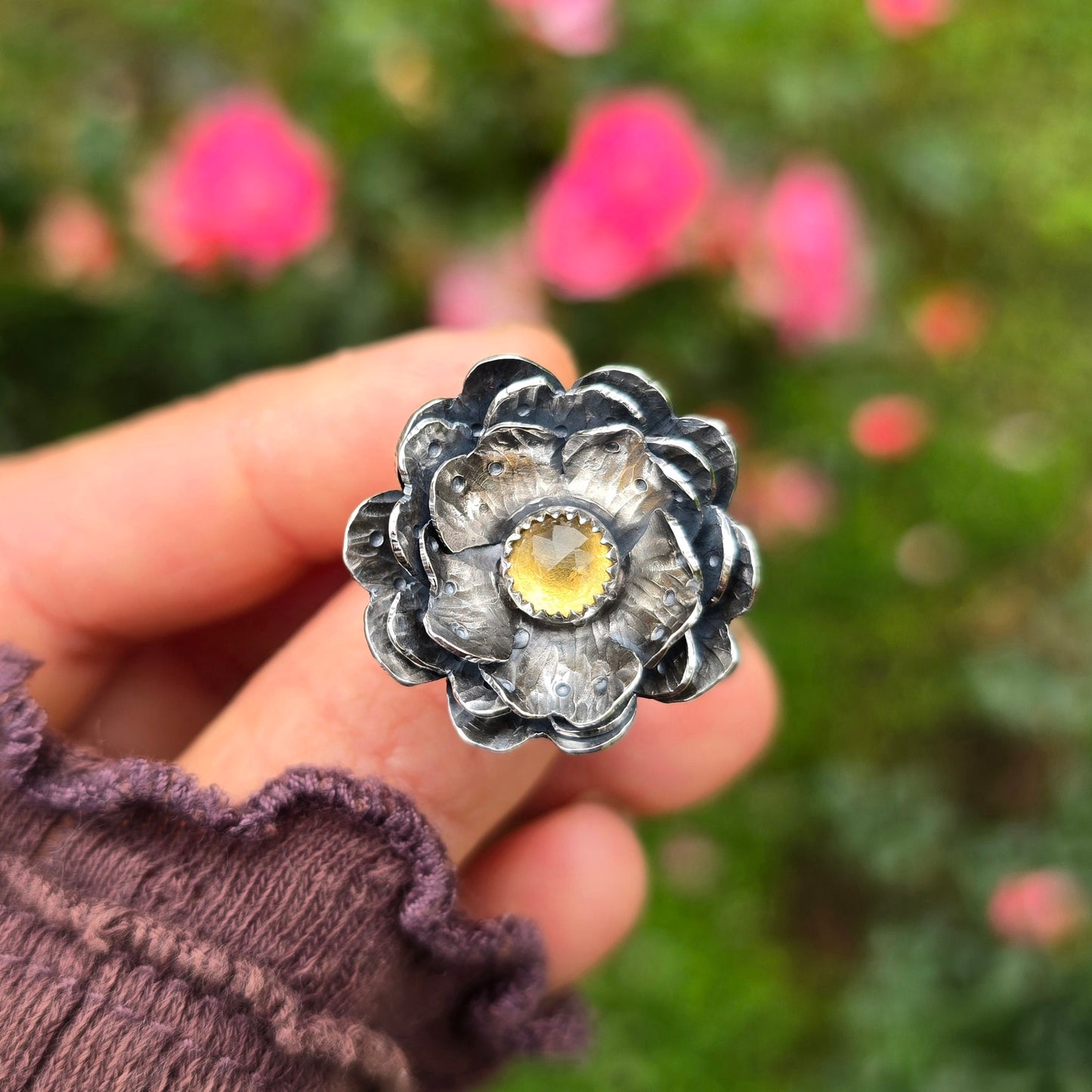 CITRINE FLOWER Ring | 925 Sterling Silver Rose Cut Citrine Large Flower Antique Oxidized Statement Ring