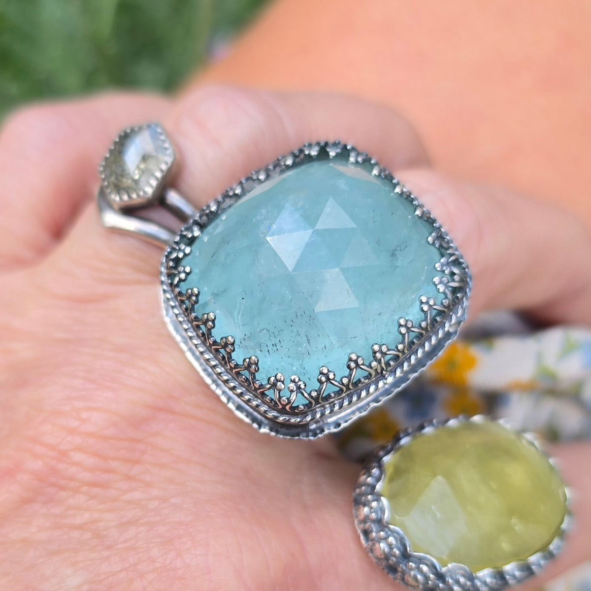 AQUAMARINE Ring | 62 Cts Handcrafted 925 Sterling Silver Large Rose Cushion Cut Faceted Blue Beryl Square High Profile Cocktail Statement