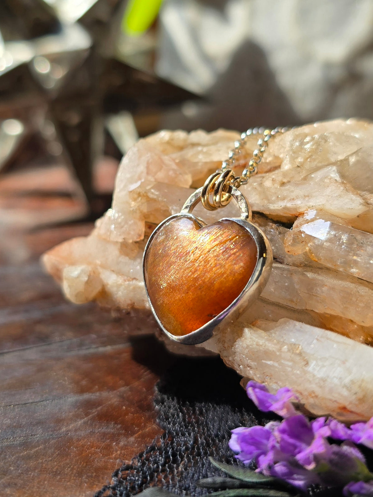 SUNSTONE HEART Necklace | Handcrafted Mixed Metal 925 Sterling Silver & 14k Gold Filled Rainbow Lattice Sparkling Sunstone Heart Pendant