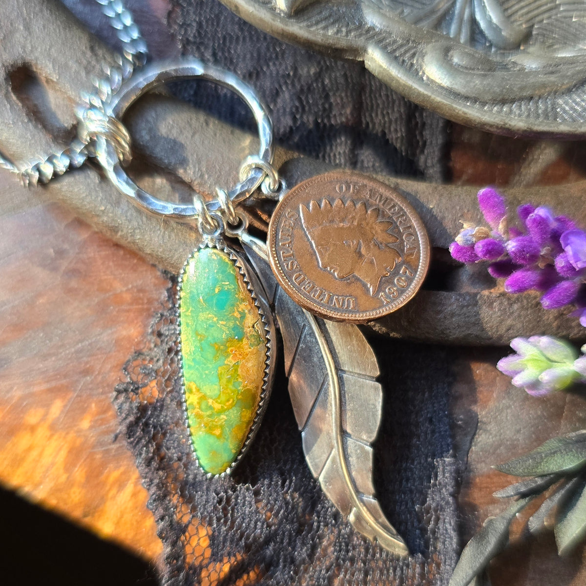 TURQUOISE INDIAN FEATHER Charm Necklace | Hancrafted Sterling Silver Stone Mountain Geniune Crescent Moon Turquoise Authentic Copper 1907