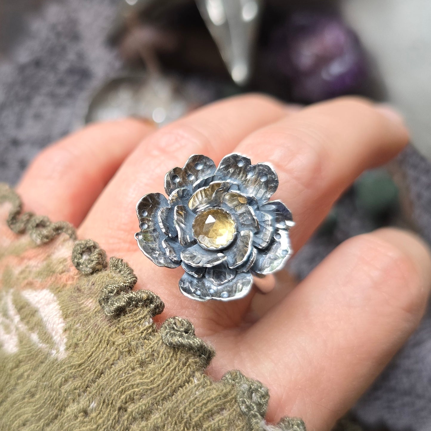 CITRINE FLOWER Ring | 925 Sterling Silver Rose Cut Citrine Large Flower Antique Oxidized Statement Ring