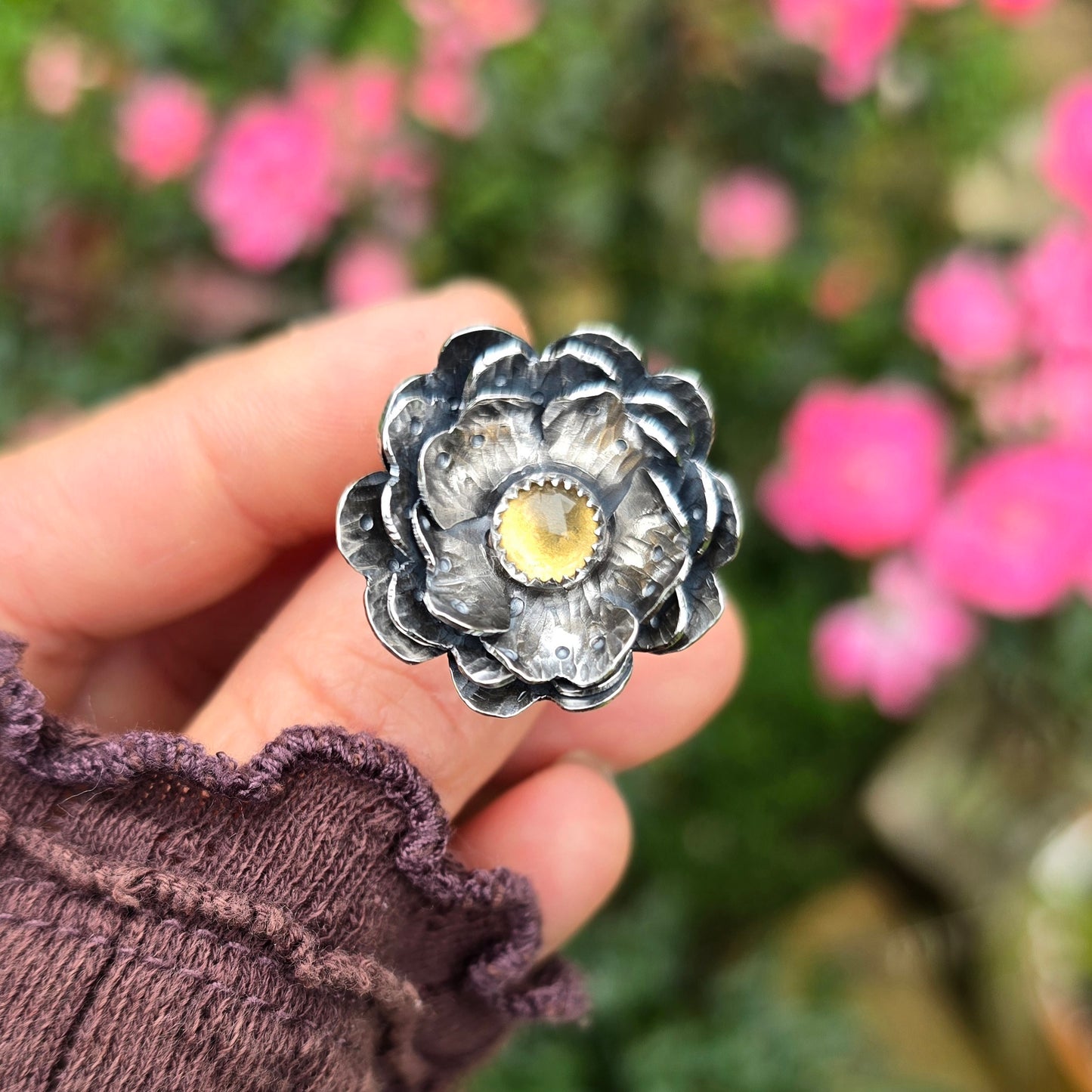 CITRINE FLOWER Ring | 925 Sterling Silver Rose Cut Citrine Large Flower Antique Oxidized Statement Ring