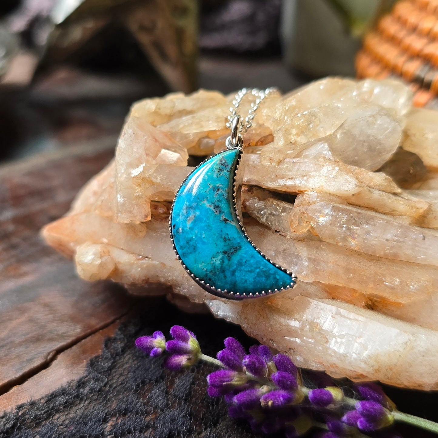 TURQUOISE CRESCENT MOON Necklace | Handcrafted 925 Sterling Silver Natural Untreated Kingman Arizona American Earth Mined Turquoise Pendant