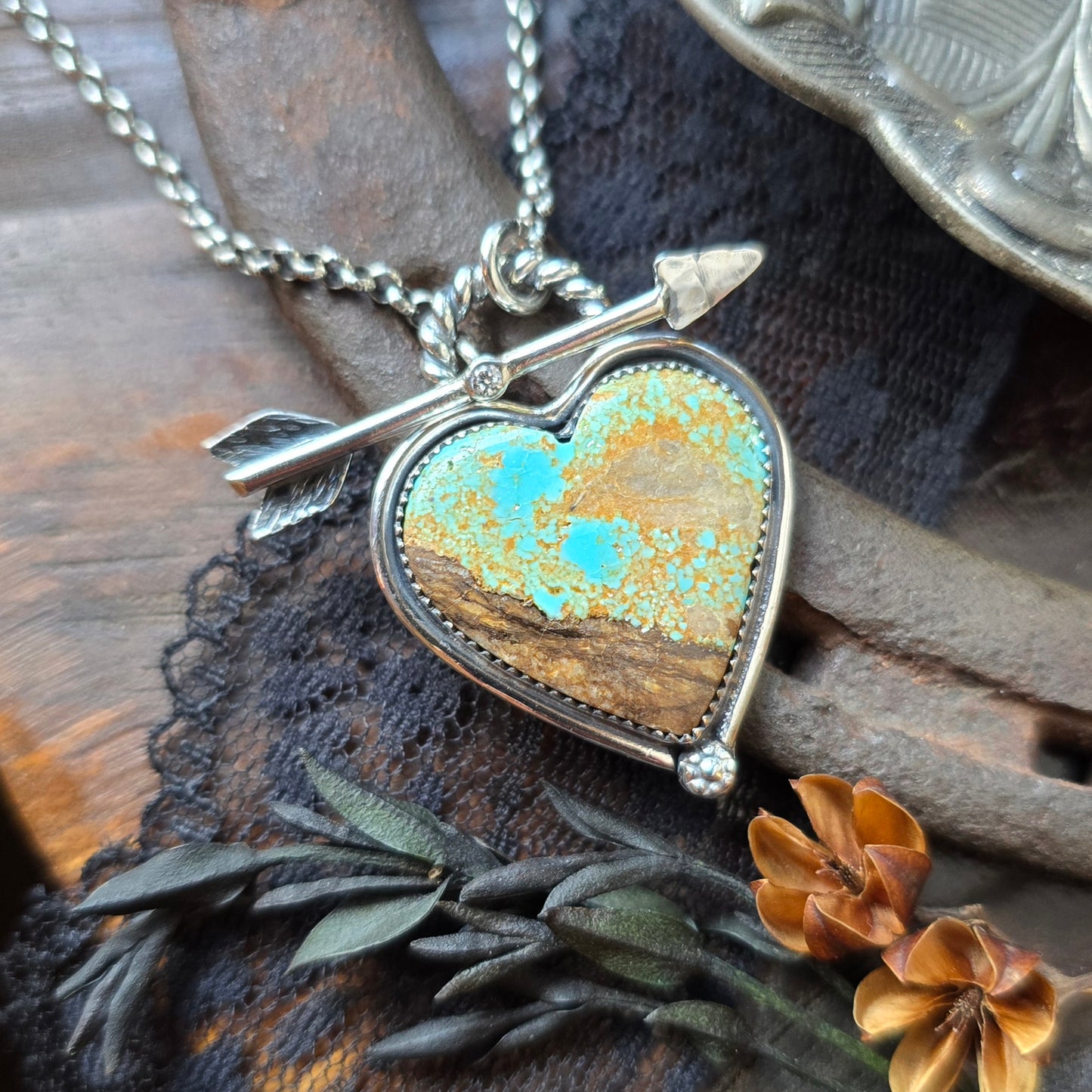 TURQUOISE HEART Necklace | 925 Sterling Silver Number 8 Nevada Turquoise Pendant Diamond Arrow Toggle