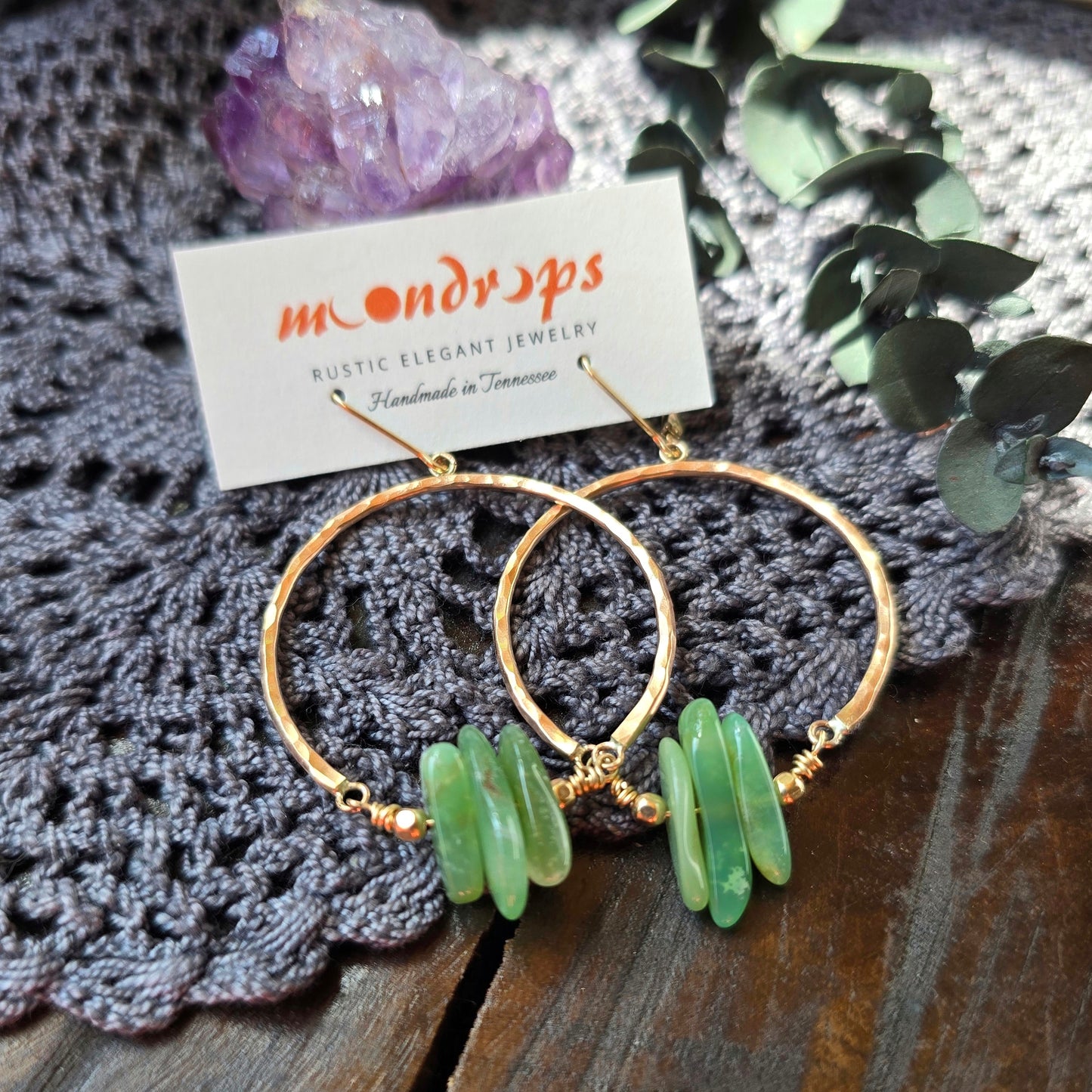 CHRYSOPRASE Gold Dangle Hoops | 14k Gold Filled Lever Back Hammered Wire Wrapped Natural Stone Hoop Earrings