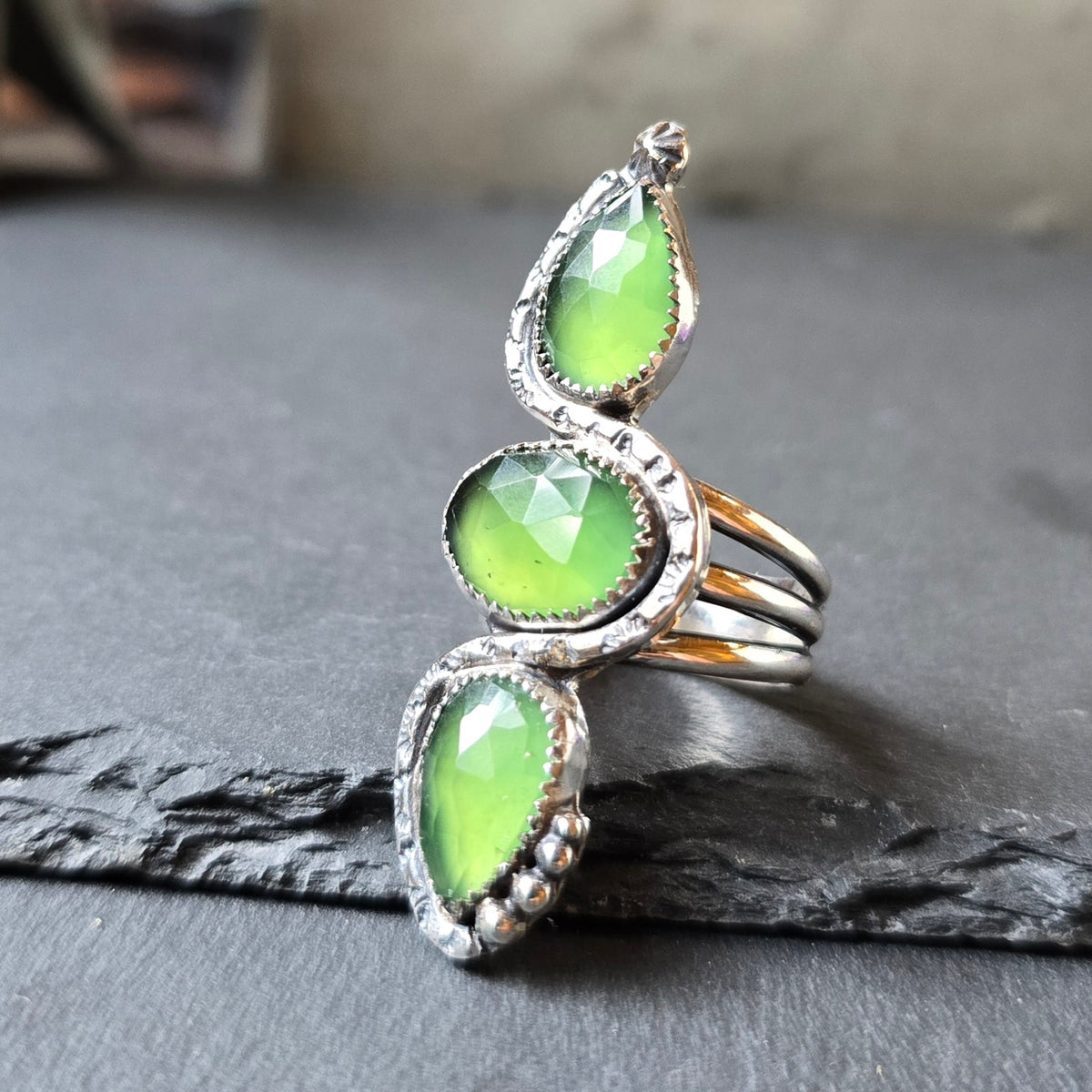 SERPENTINE Ring | Handcrafted 925 Sterling Silver Rose Cut Faceted Natural Green Serpentine Tribal Sun Snake Vertical Serpent Finger Ring