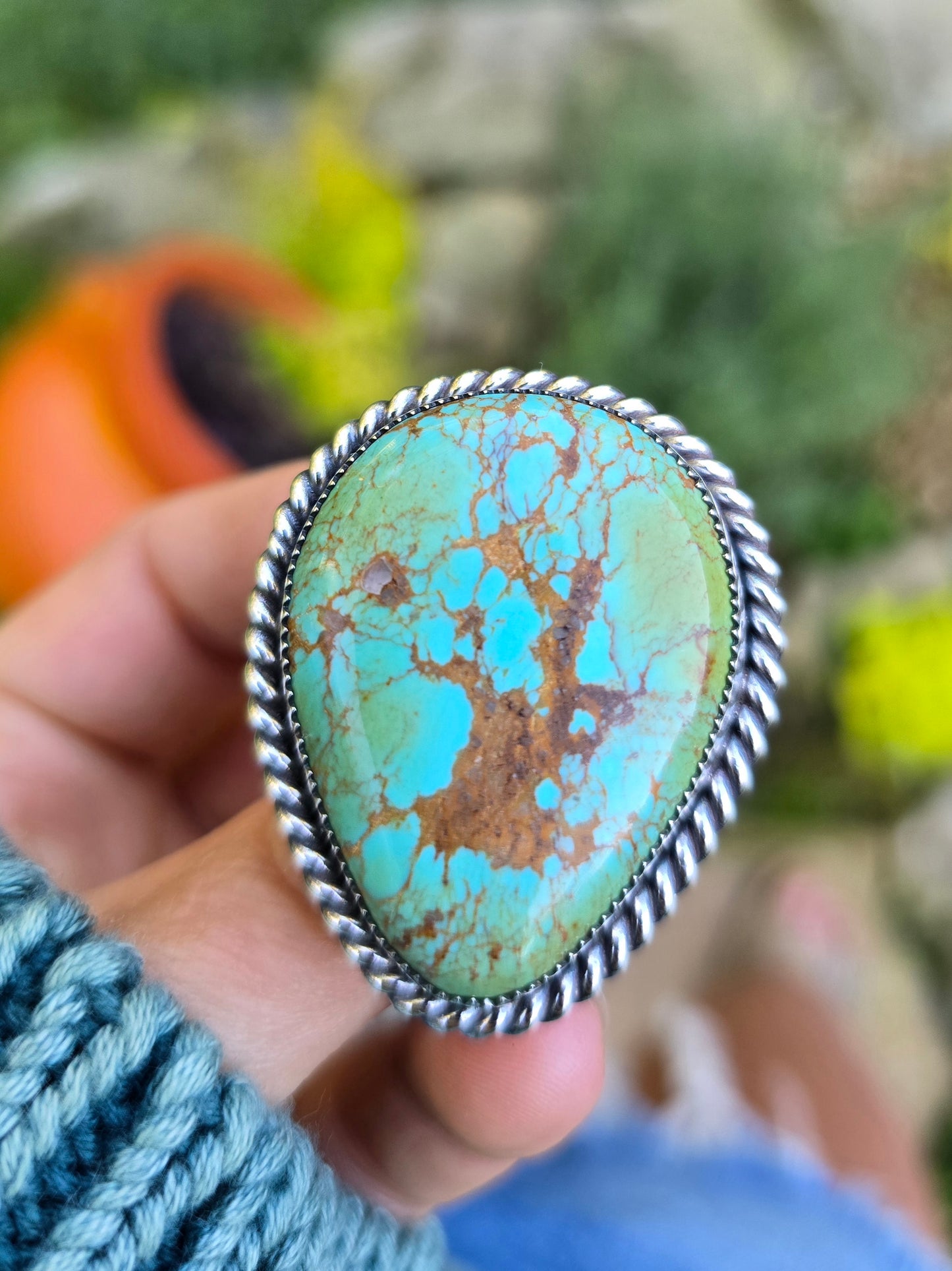 TURQUOISE Ring | Large American Mined Natural Kingman Arizona Blue Green Brown Matrix 925 Sterling Silver Statement Ring | Size 8.75 - 9.25