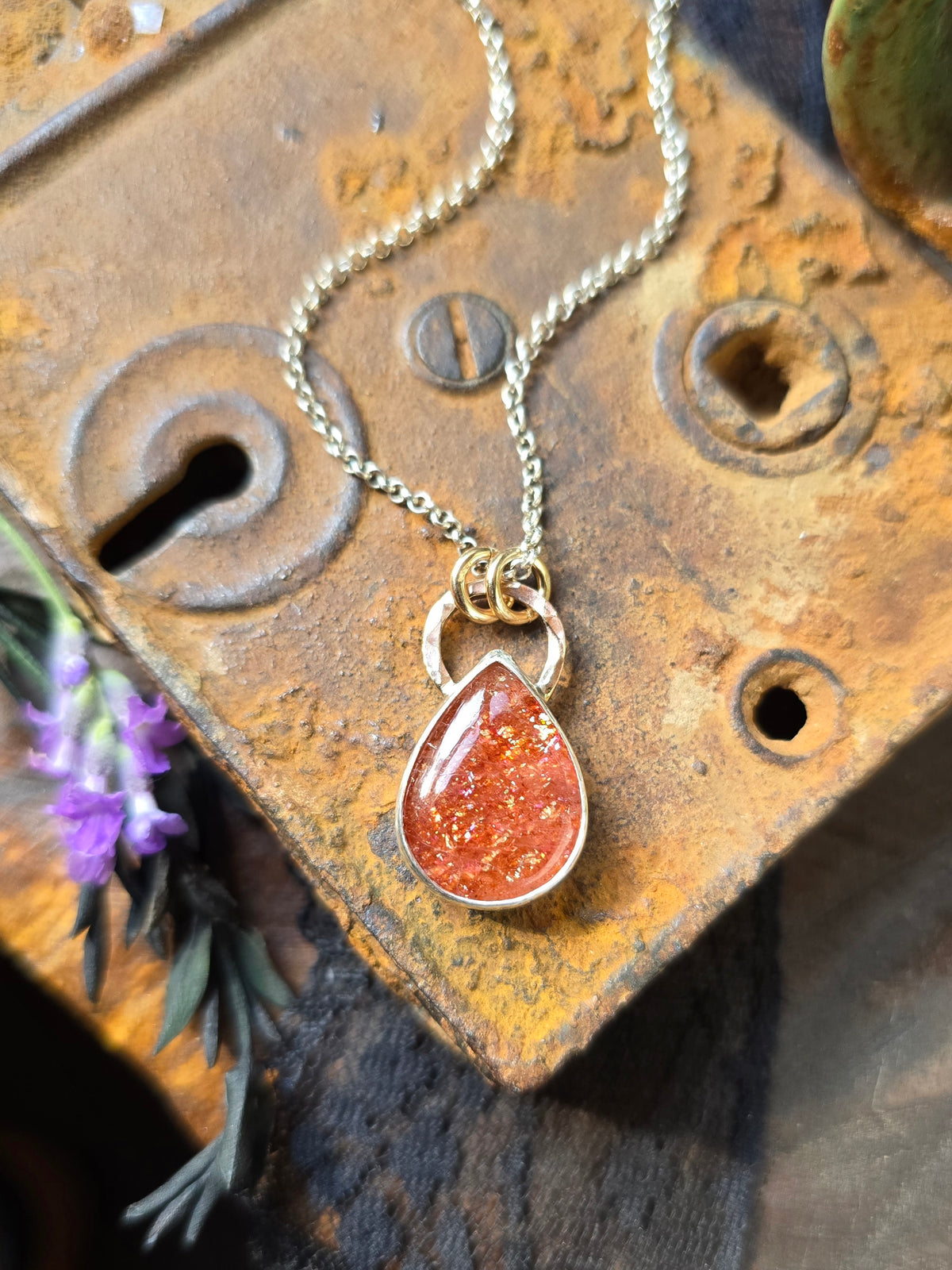 SUNSTONE DROP Necklace | Handcrafted Mixed Metal 925 Sterling Silver & 14k Gold Filled Sparkling Sunstone Teardrop Pear Pendant Necklace