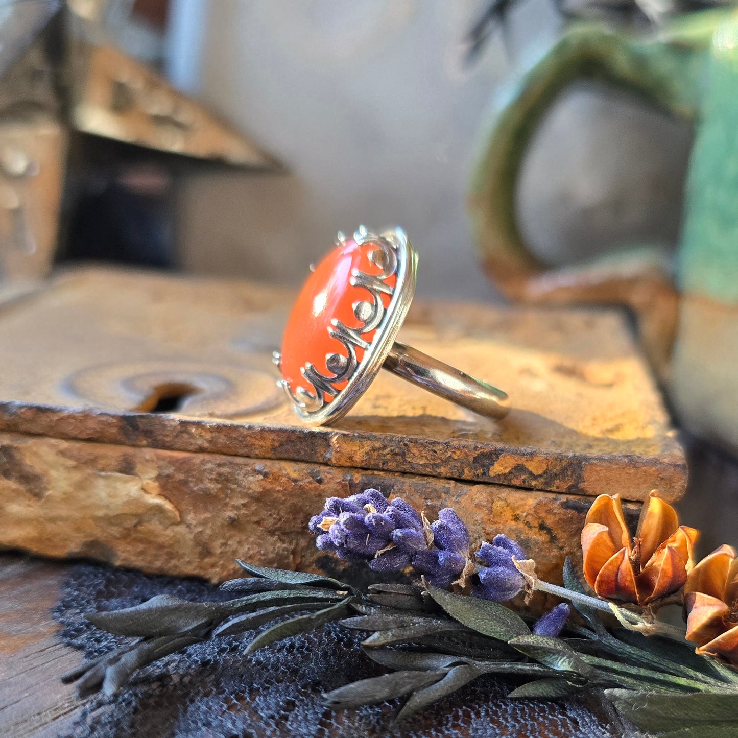 CARNELIAN Ring | Precious 925 Sterling Silver Natural Orange 11 Carat Carnelian Ring Scalloped Swag Fancy Bezel