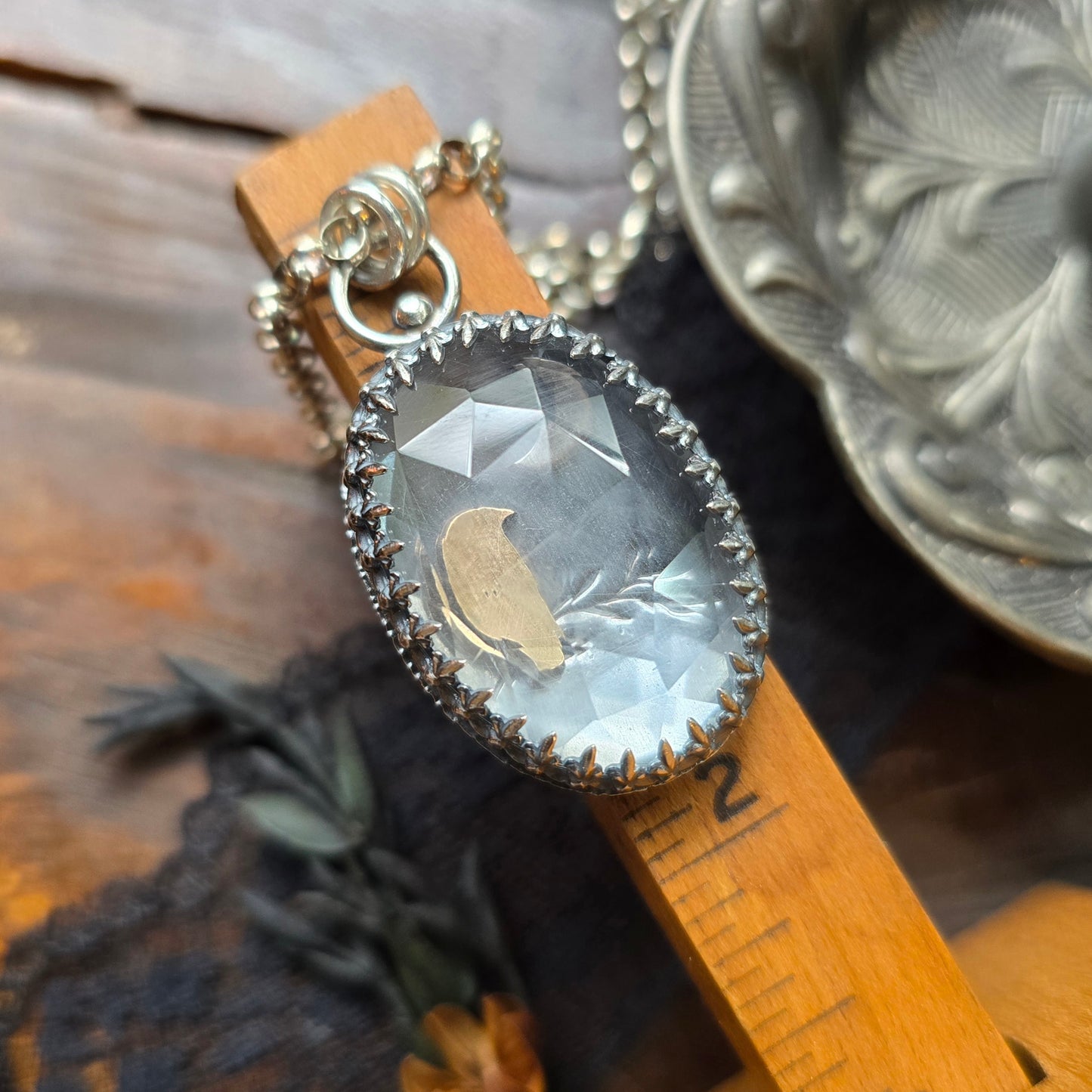 QUARTZ RAVEN CRESCENT Pendant Necklace | 925 Sterling Silver Rose Cut Faceted Natural Clear Crystal Quartz Large Fleur-De-Lis Gallery Bezel