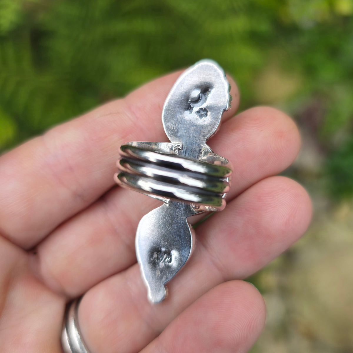 SERPENTINE Ring | Handcrafted 925 Sterling Silver Rose Cut Faceted Natural Green Serpentine Tribal Sun Snake Vertical Serpent Finger Ring