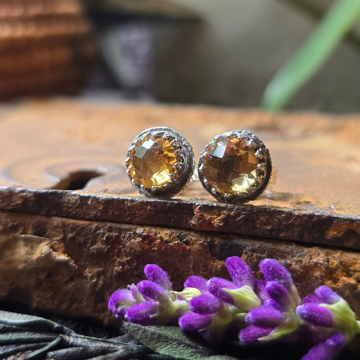CITRINE Ear Studs | 1 Carat Handcrafted 925 Sterling Silver Beaded Swag Medium Large 9mm Faceted Cushion Cut Natural Citrine Stud Earrings