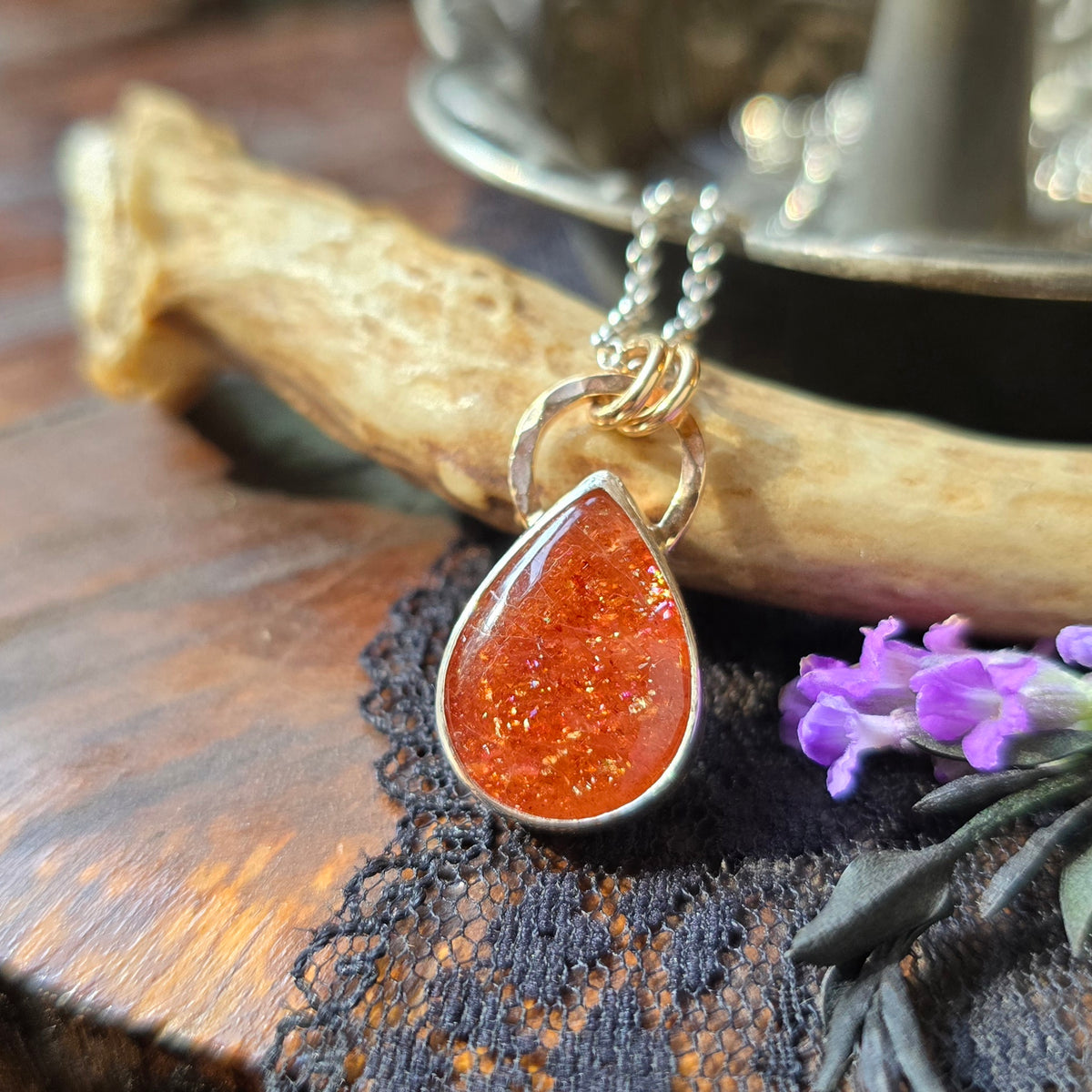 SUNSTONE DROP Necklace | Handcrafted Mixed Metal 925 Sterling Silver & 14k Gold Filled Sparkling Sunstone Teardrop Pear Pendant Necklace
