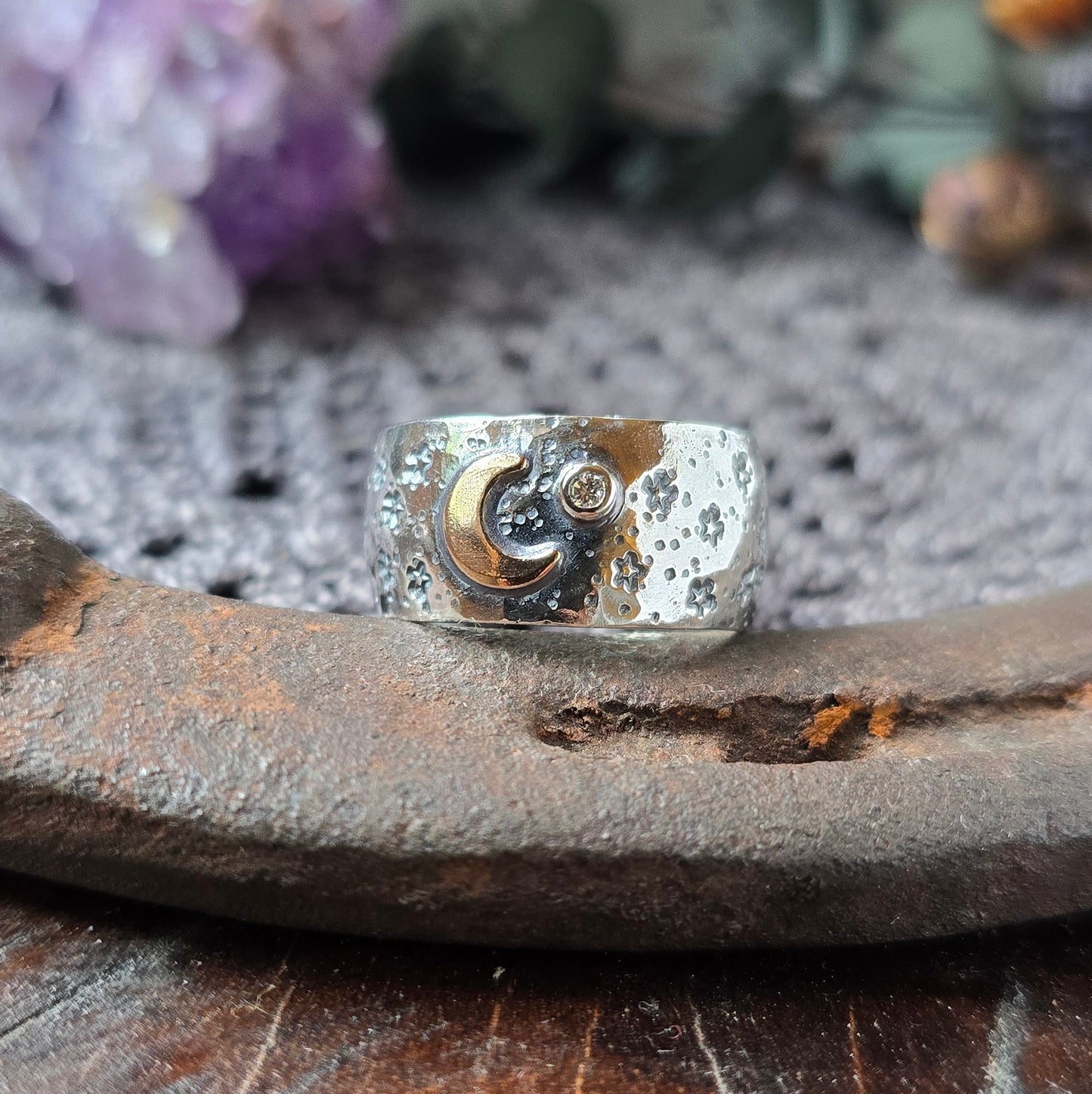 DIAMOND CRESCENT MOON Band | Certified Lab Grown or Genuine Diamond Crescent Moon Ring | 925 Sterling Silver 14k Filled Mixed Metal Band
