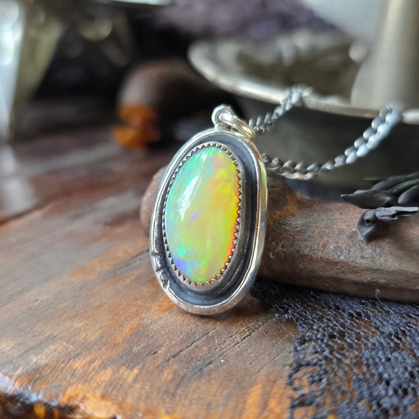 OPAL Necklace | Genuine Ethiopian Welo Opal 8 Carat Handcrafted 925 Sterling Silver High Dome Opal Pendant