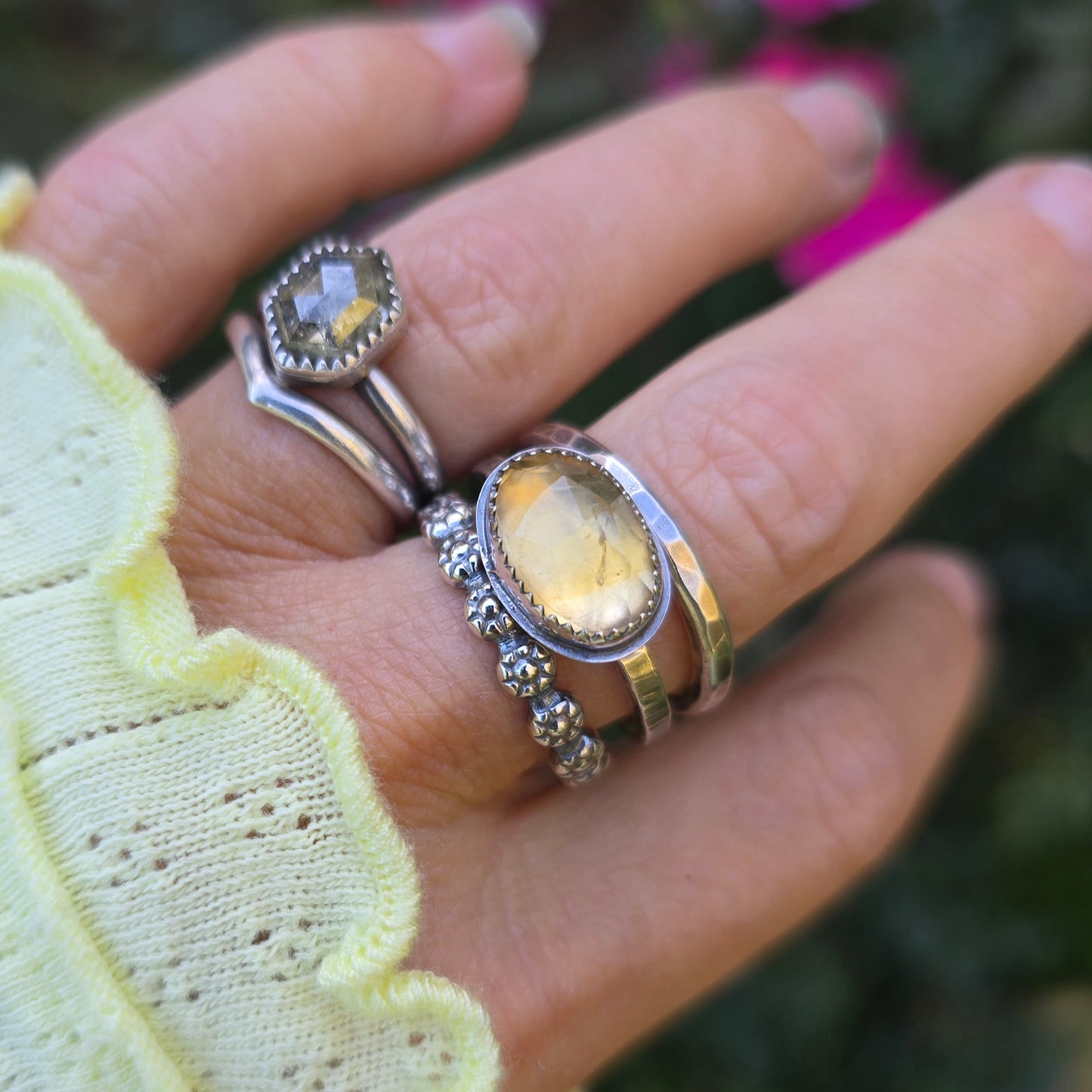 CITRINE Ring Stack | 925 Sterling Silver Rose Cut Faceted Genuine Earth Mined Natural Citrine Chunky Daisy Band Stacking Rings Set of Three