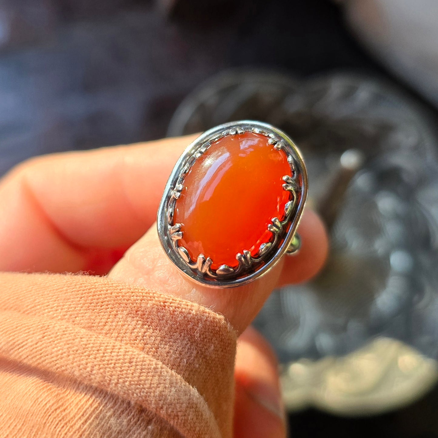 CARNELIAN Ring | Precious 925 Sterling Silver Natural Orange 11 Carat Carnelian Ring Scalloped Swag Fancy Bezel