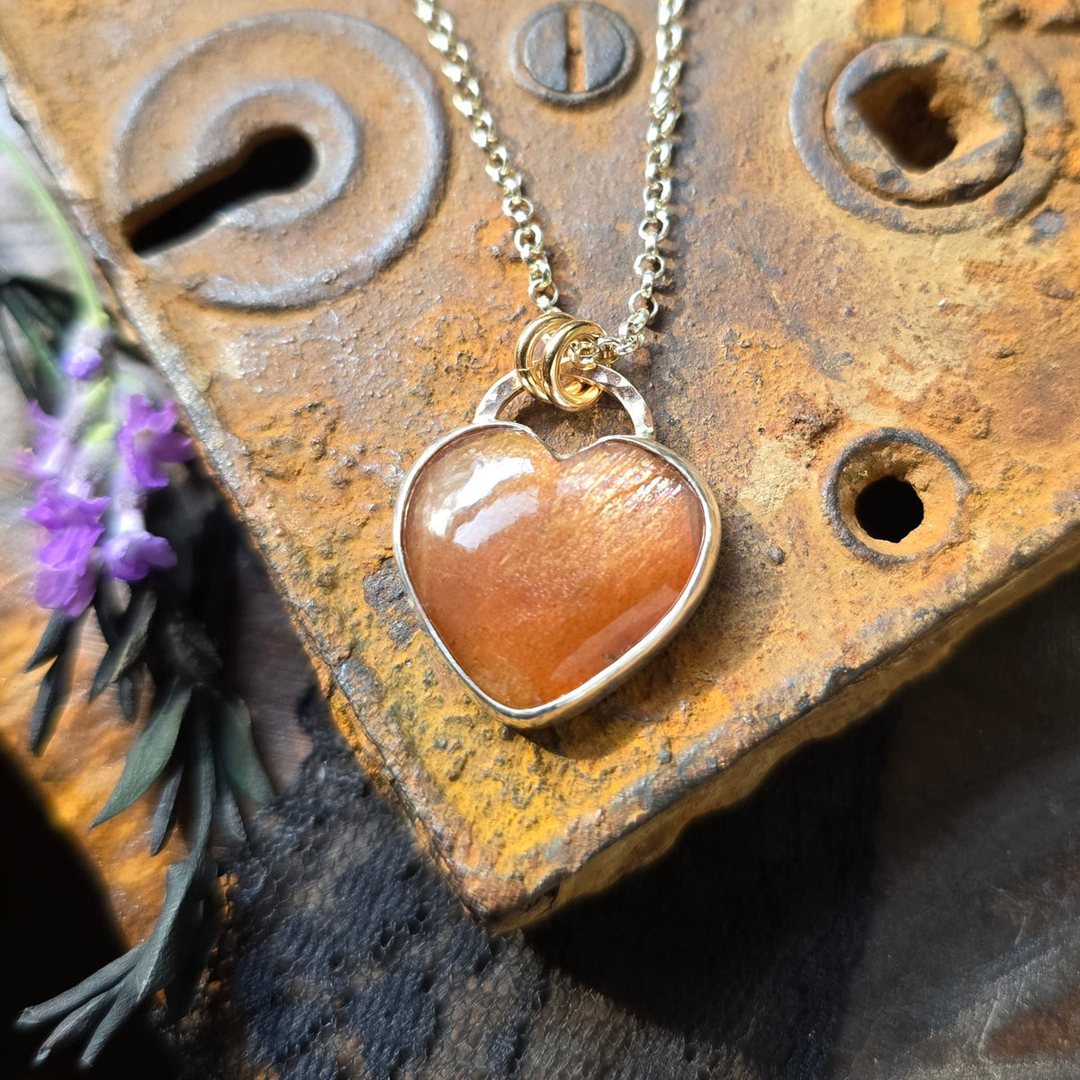 SUNSTONE HEART Necklace | Handcrafted Mixed Metal 925 Sterling Silver & 14k Gold Filled Rainbow Lattice Sparkling Sunstone Heart Pendant