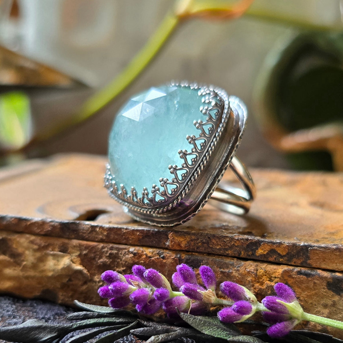 AQUAMARINE Ring | 62 Cts Handcrafted 925 Sterling Silver Large Rose Cushion Cut Faceted Blue Beryl Square High Profile Cocktail Statement