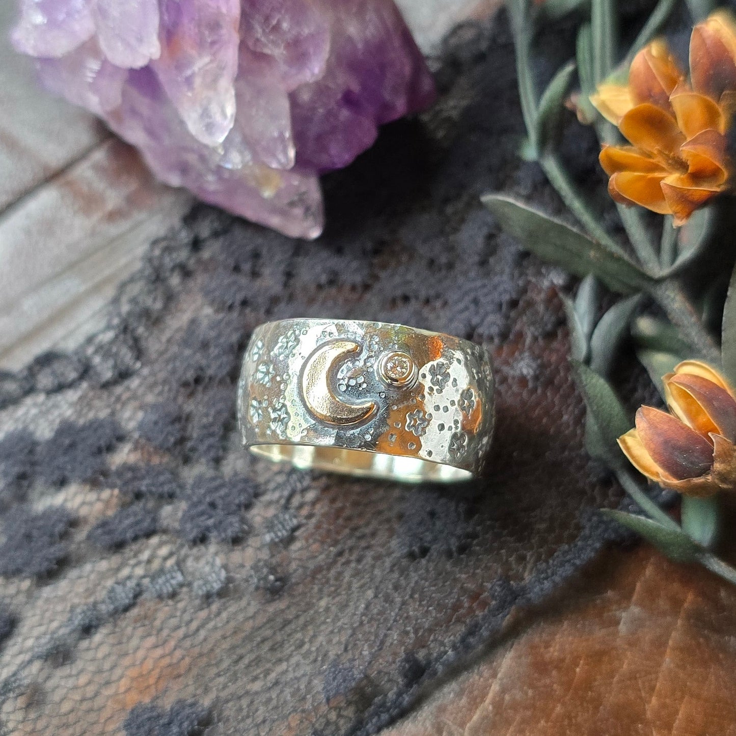 DIAMOND CRESCENT MOON Band | Certified Lab Grown or Genuine Diamond Crescent Moon Ring | 925 Sterling Silver 14k Filled Mixed Metal Band