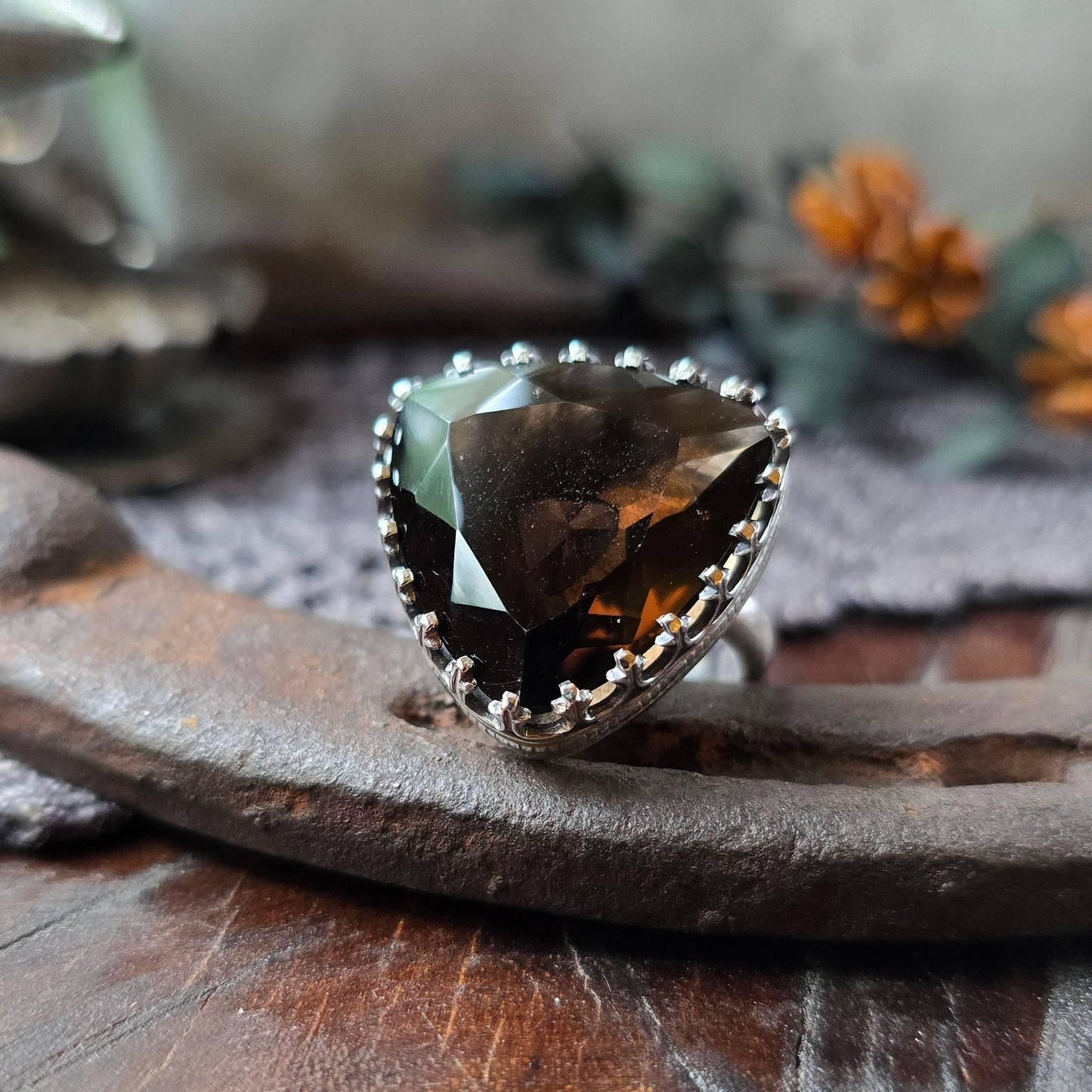 SMOKY QUARTZ Ring | Faceted Trillion Cut 925 Sterling Silver Fancy Filigree Victorian Gothic Rustic Gallery Bezel Large Statement Ring