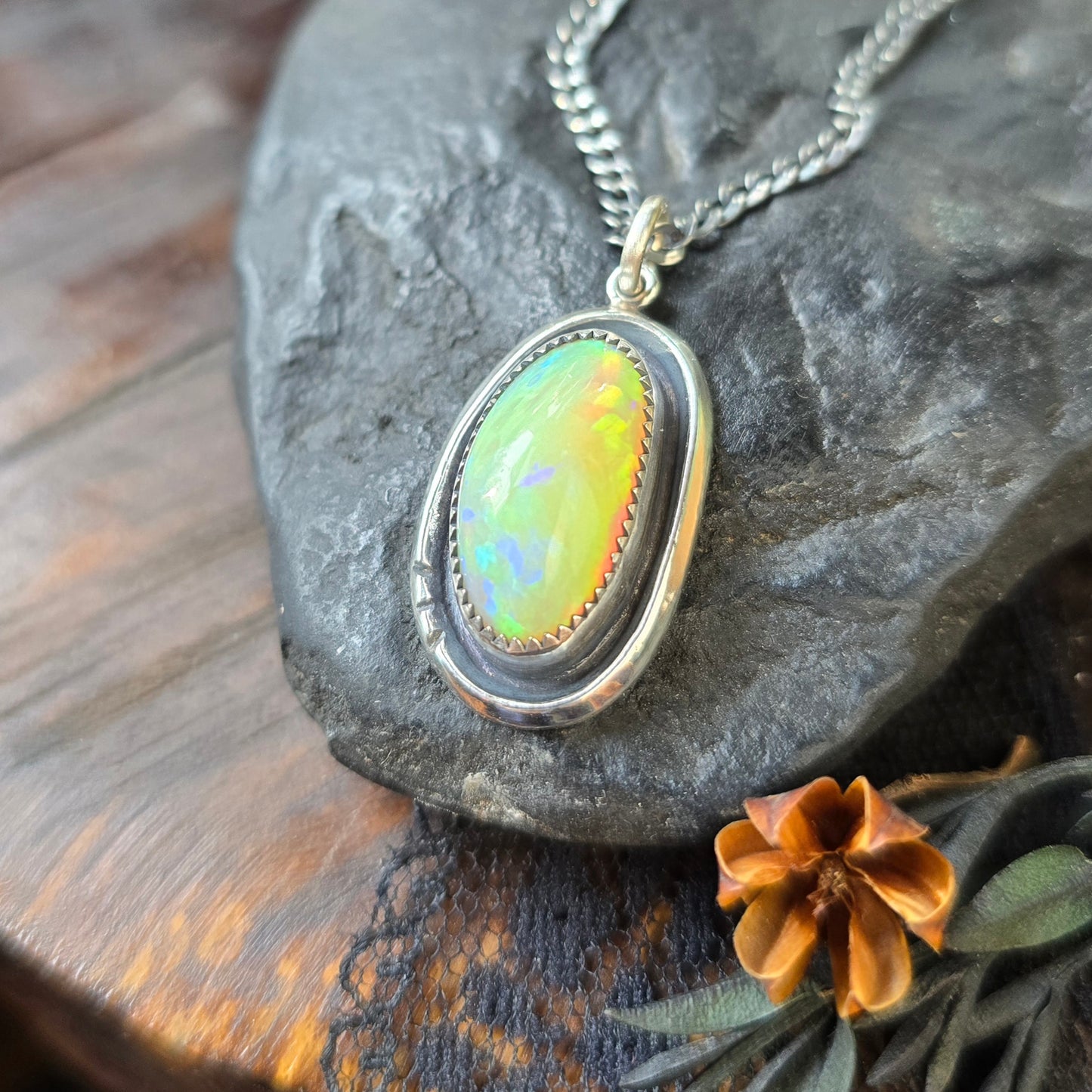 OPAL Necklace | Genuine Ethiopian Welo Opal 8 Carat Handcrafted 925 Sterling Silver High Dome Opal Pendant