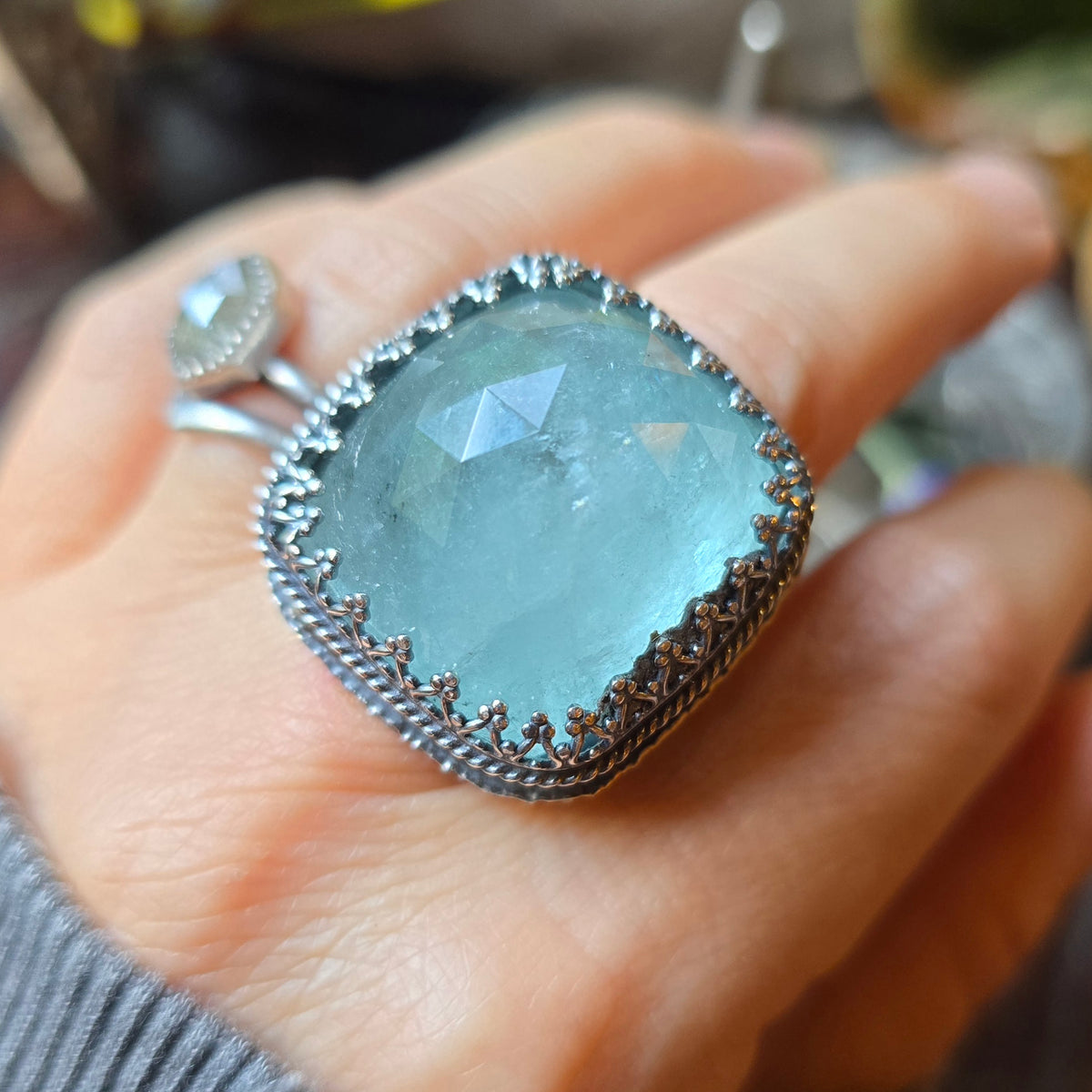 AQUAMARINE Ring | 62 Cts Handcrafted 925 Sterling Silver Large Rose Cushion Cut Faceted Blue Beryl Square High Profile Cocktail Statement