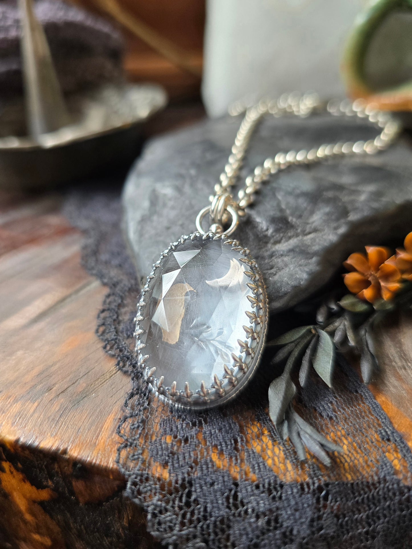 QUARTZ RAVEN CRESCENT Pendant Necklace | 925 Sterling Silver Rose Cut Faceted Natural Clear Crystal Quartz Large Fleur-De-Lis Gallery Bezel