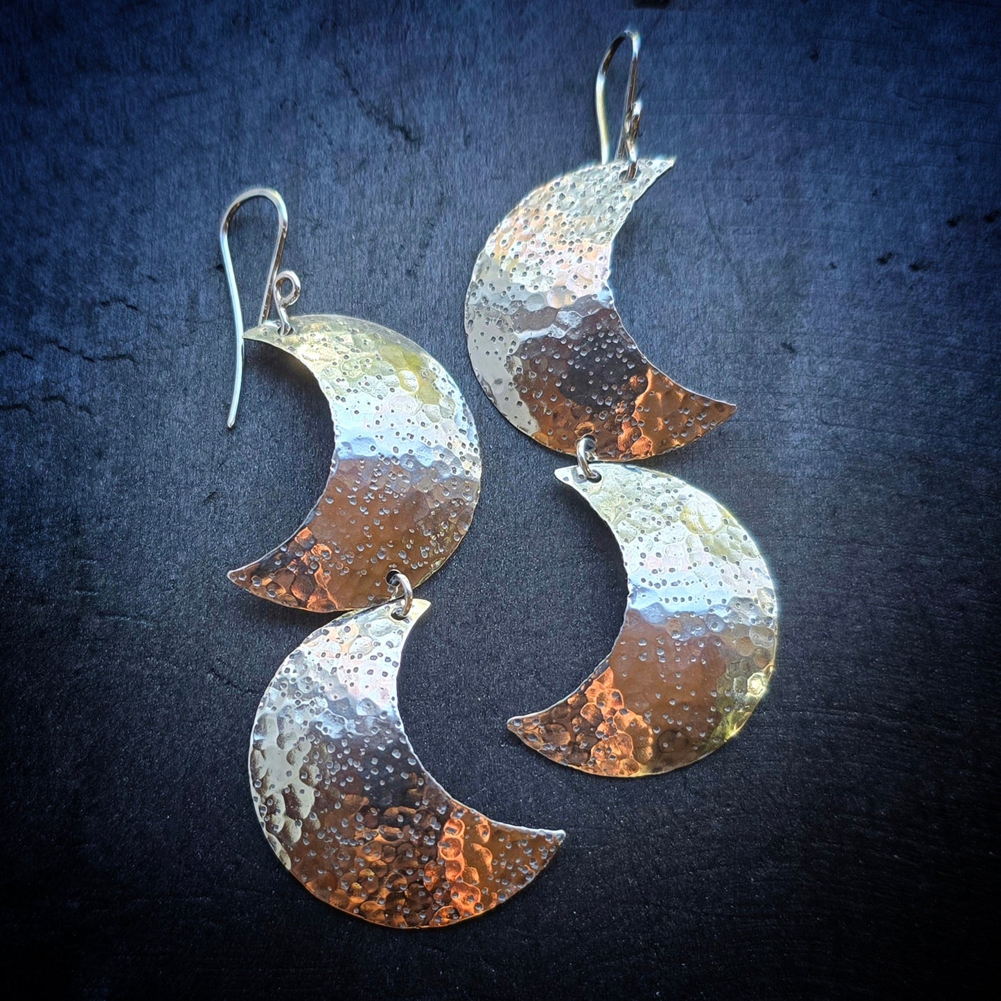 CRESCENT MOON Dangle Earrings  | 925 Sterling Silver Double Crescent Textured Hammered Moon Dangle Earrings