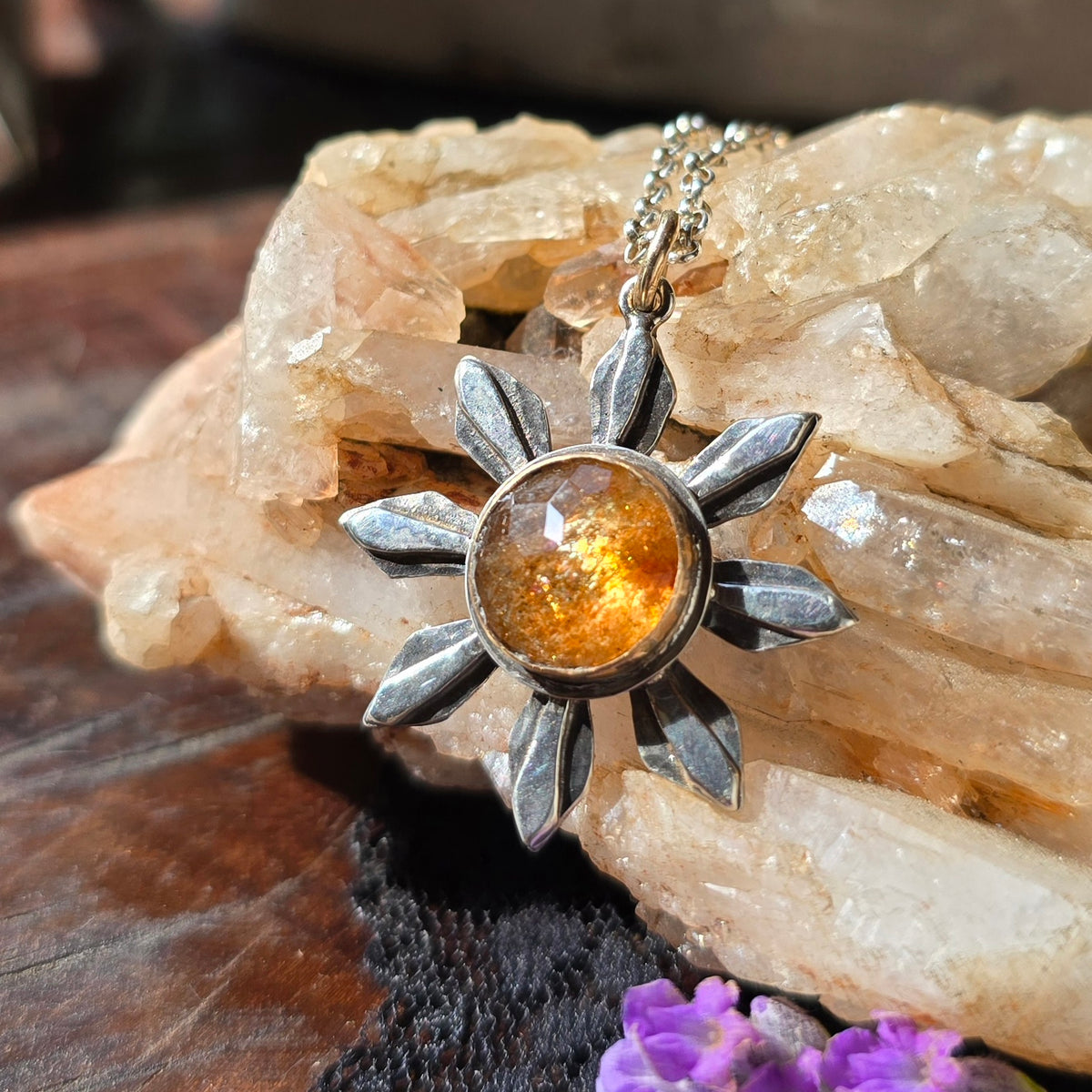 SUNSTONE SUN Necklace | Handcrafted Mixed Metal 925 Sterling Silver & 14k Gold Filled Golden Reflective Schiller Sparkling Sunstone
