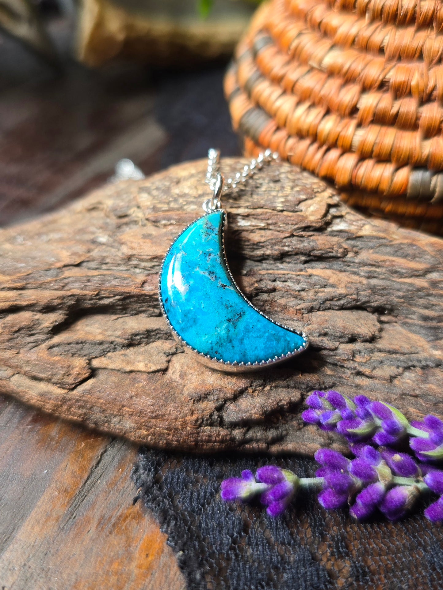TURQUOISE CRESCENT MOON Necklace | Handcrafted 925 Sterling Silver Natural Untreated Kingman Arizona American Earth Mined Turquoise Pendant