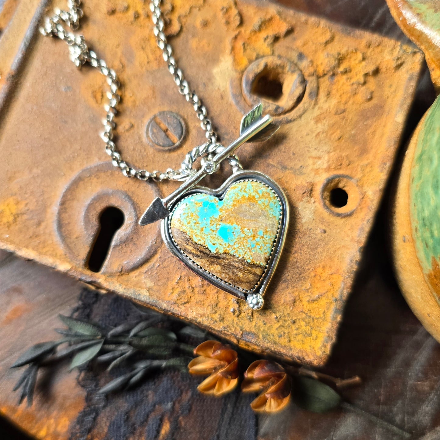 TURQUOISE HEART Necklace | 925 Sterling Silver Number 8 Nevada Turquoise Pendant Diamond Arrow Toggle