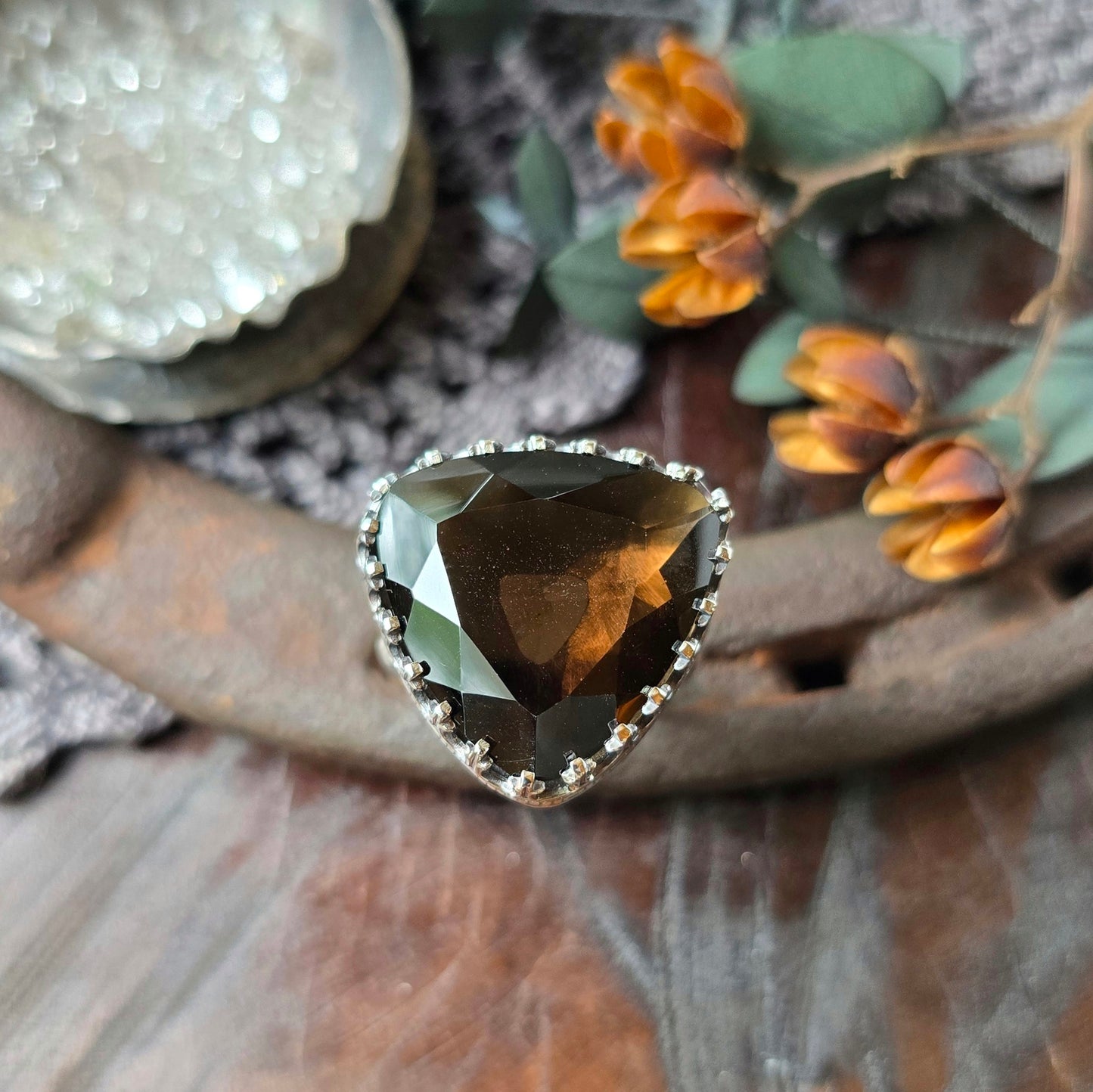 SMOKY QUARTZ Ring | Faceted Trillion Cut 925 Sterling Silver Fancy Filigree Victorian Gothic Rustic Gallery Bezel Large Statement Ring