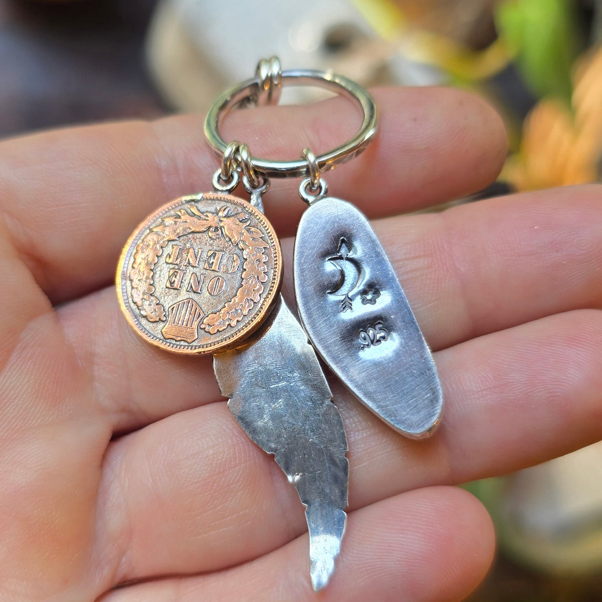 TURQUOISE INDIAN FEATHER Charm Necklace | Hancrafted Sterling Silver Stone Mountain Geniune Crescent Moon Turquoise Authentic Copper 1907