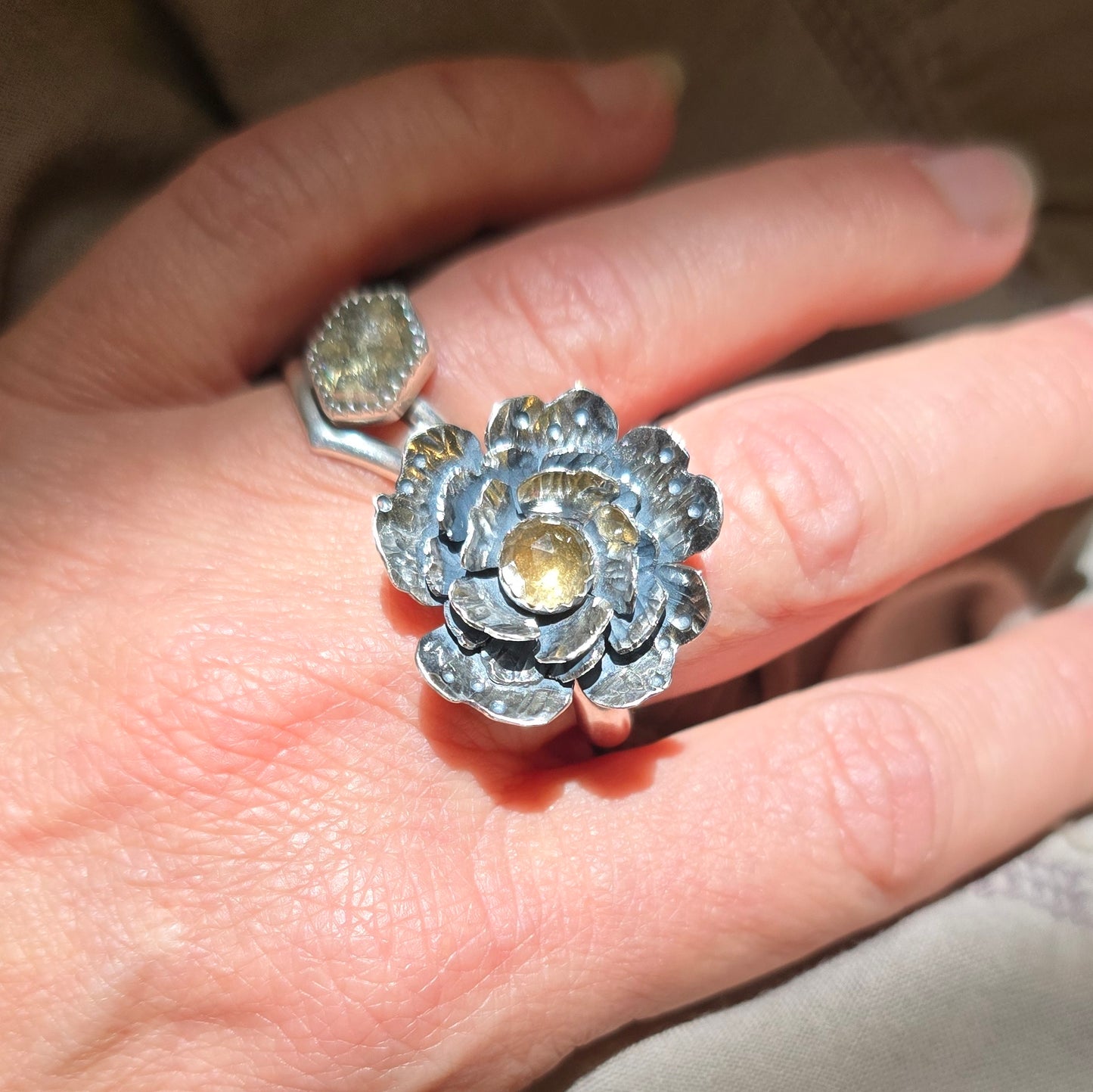 CITRINE FLOWER Ring | 925 Sterling Silver Rose Cut Citrine Large Flower Antique Oxidized Statement Ring
