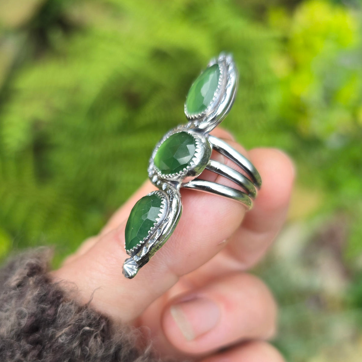 SERPENTINE Ring | Handcrafted 925 Sterling Silver Rose Cut Faceted Natural Green Serpentine Tribal Sun Snake Vertical Serpent Finger Ring