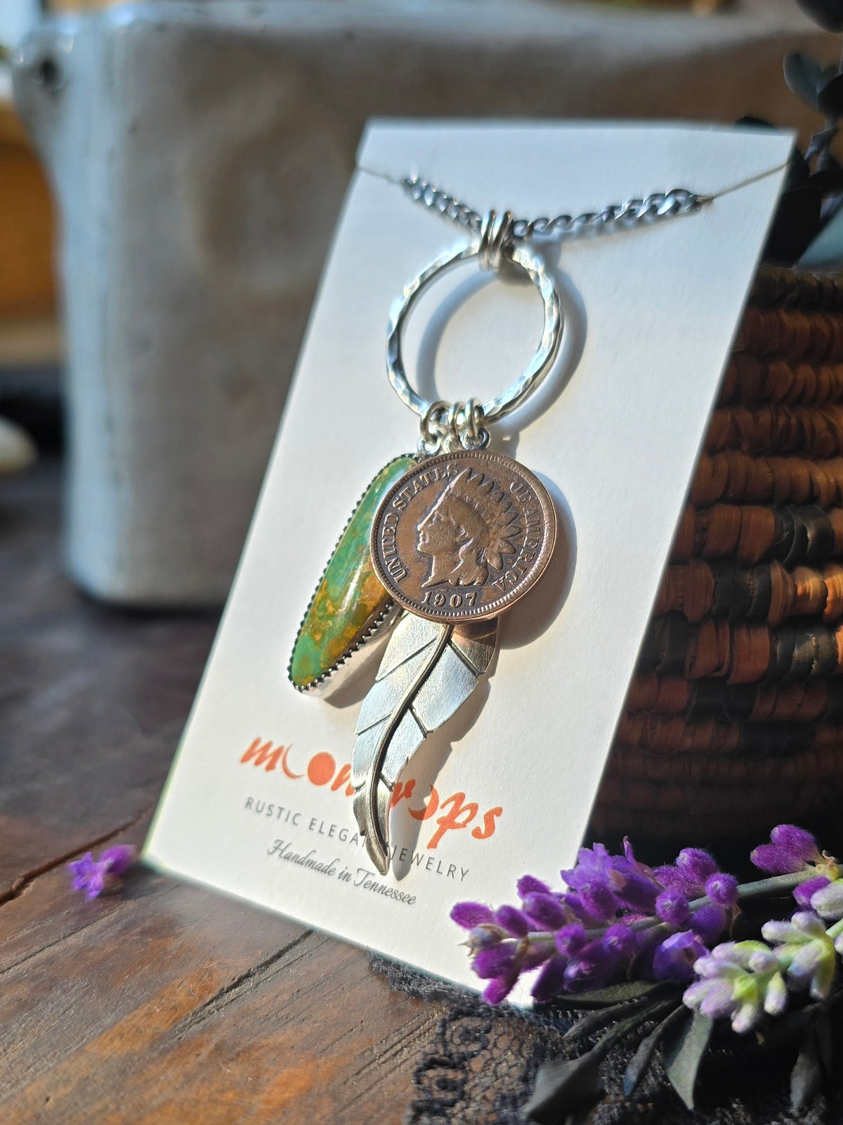 TURQUOISE INDIAN FEATHER Charm Necklace | Hancrafted Sterling Silver Stone Mountain Geniune Crescent Moon Turquoise Authentic Copper 1907