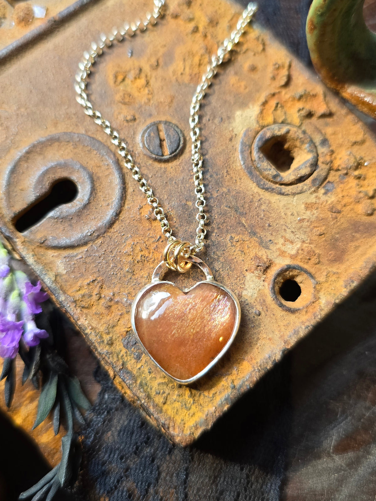 SUNSTONE HEART Necklace | Handcrafted Mixed Metal 925 Sterling Silver & 14k Gold Filled Rainbow Lattice Sparkling Sunstone Heart Pendant