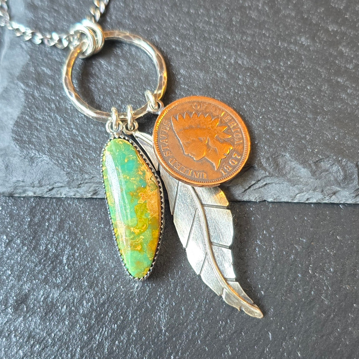 TURQUOISE INDIAN FEATHER Charm Necklace | Hancrafted Sterling Silver Stone Mountain Geniune Crescent Moon Turquoise Authentic Copper 1907