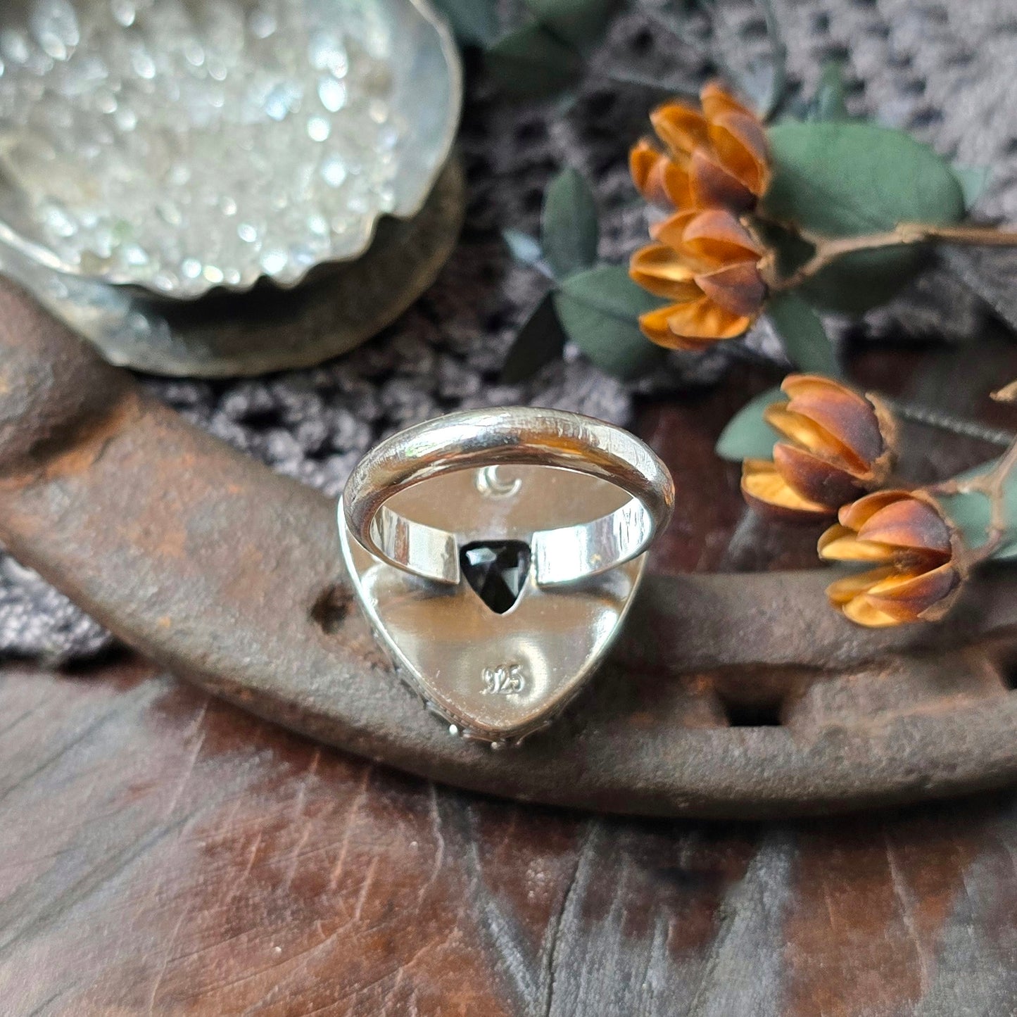 SMOKY QUARTZ Ring | Faceted Trillion Cut 925 Sterling Silver Fancy Filigree Victorian Gothic Rustic Gallery Bezel Large Statement Ring