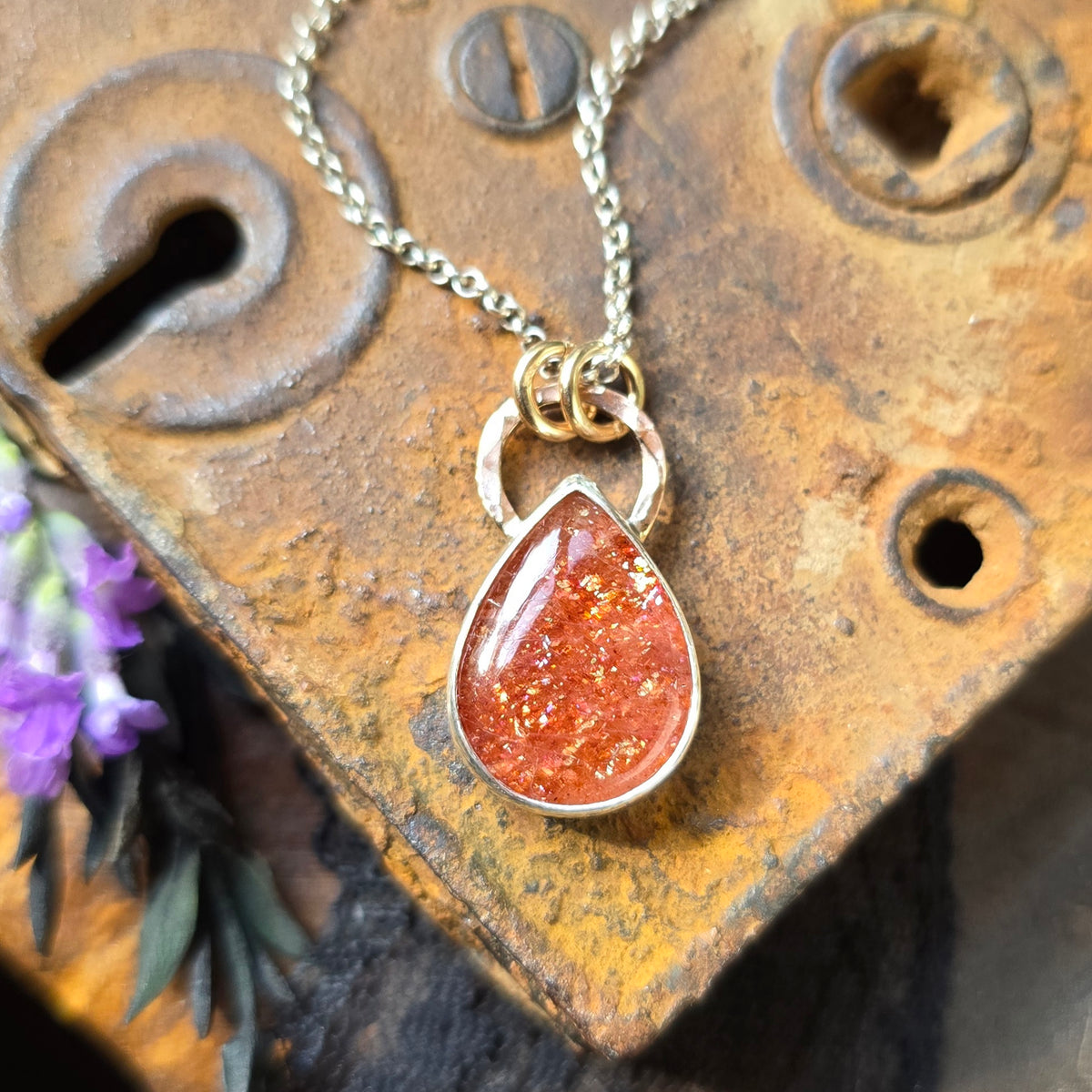 SUNSTONE DROP Necklace | Handcrafted Mixed Metal 925 Sterling Silver & 14k Gold Filled Sparkling Sunstone Teardrop Pear Pendant Necklace
