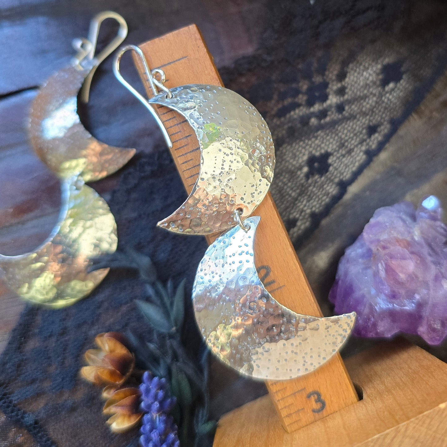 CRESCENT MOON Dangle Earrings  | 925 Sterling Silver Double Crescent Textured Hammered Moon Dangle Earrings