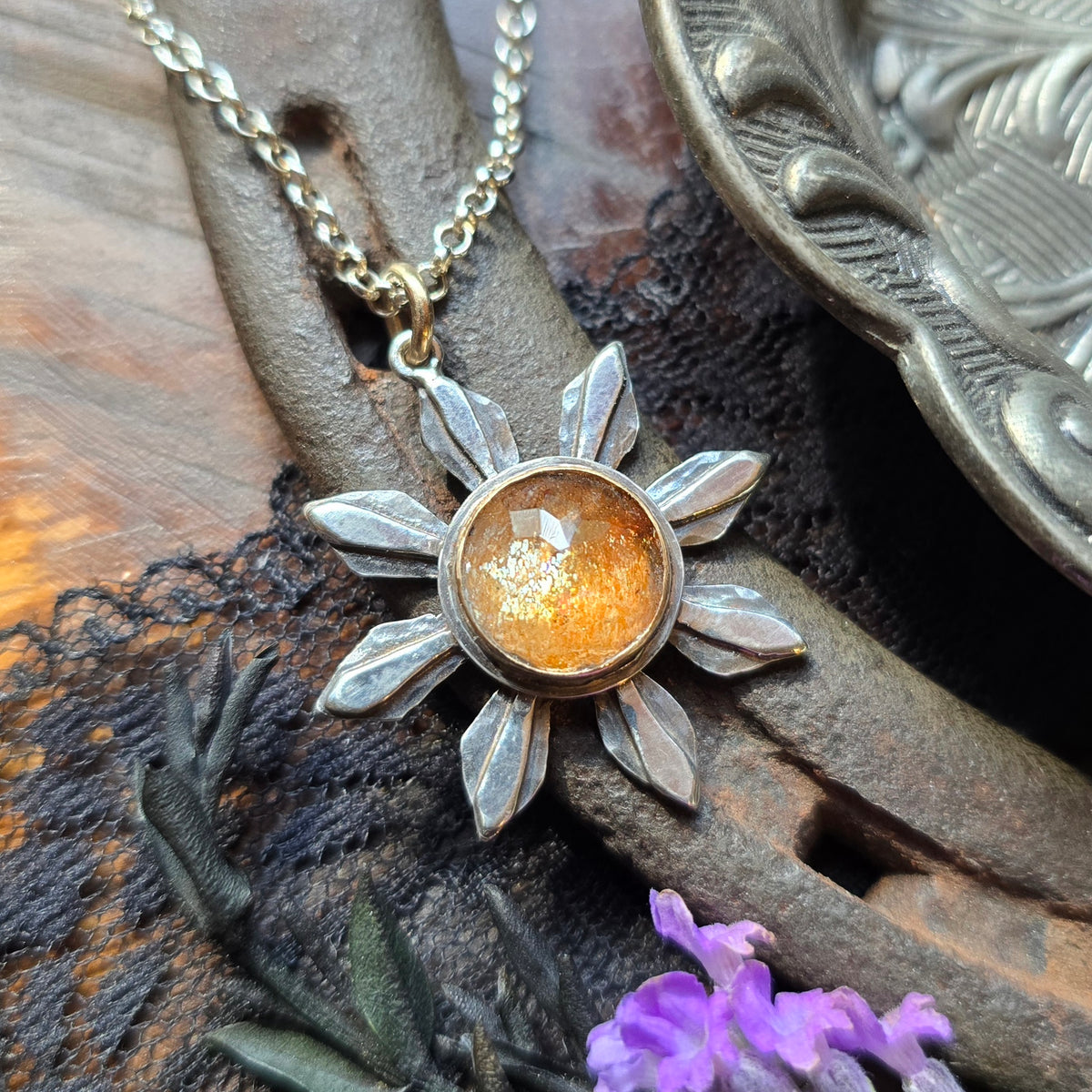 SUNSTONE SUN Necklace | Handcrafted Mixed Metal 925 Sterling Silver & 14k Gold Filled Golden Reflective Schiller Sparkling Sunstone
