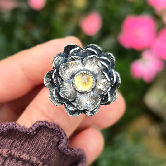 CITRINE FLOWER Ring | 925 Sterling Silver Rose Cut Citrine Large Flower Antique Oxidized Statement Ring