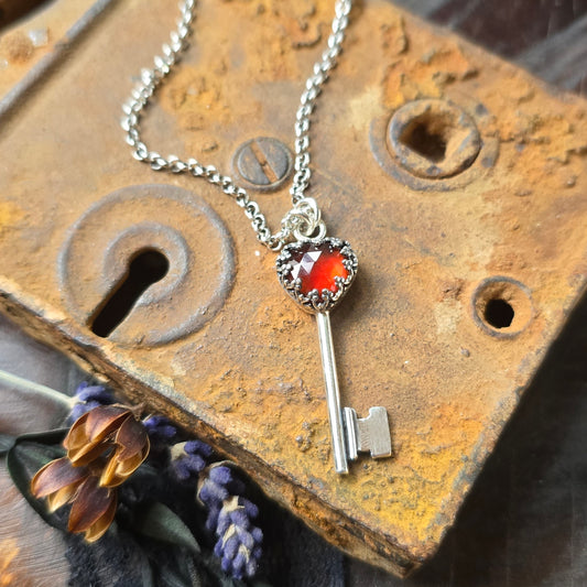 GARNET SKELETON KEY | Rose Cut Faceted Hessonite Garnet Heart Key Pendant Necklace | 925 Sterling Silver Garnet Heart