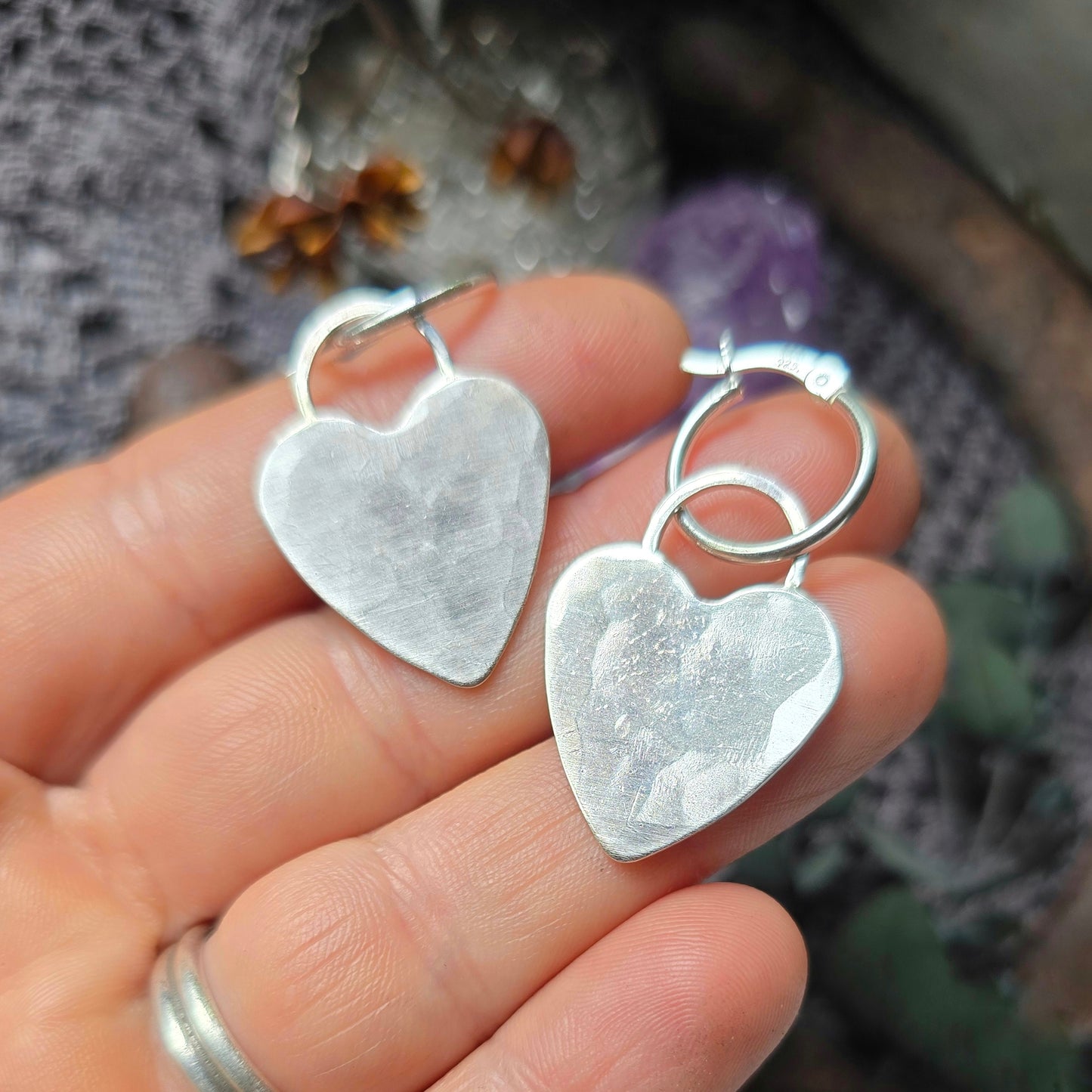 HEART Dangle Hoops | Hammered Heart 925 Sterling Silver Latch Back Hoop Earrings