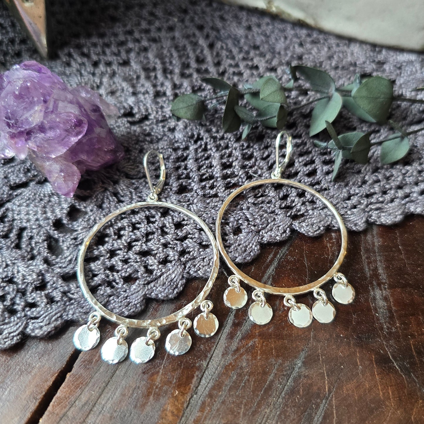 GYPSET SEQUIN Dangle Hoops | 925 Sterling Silver or 14k Gold Filled Hammered Hoop Dangle Disc Lever Back Earrings