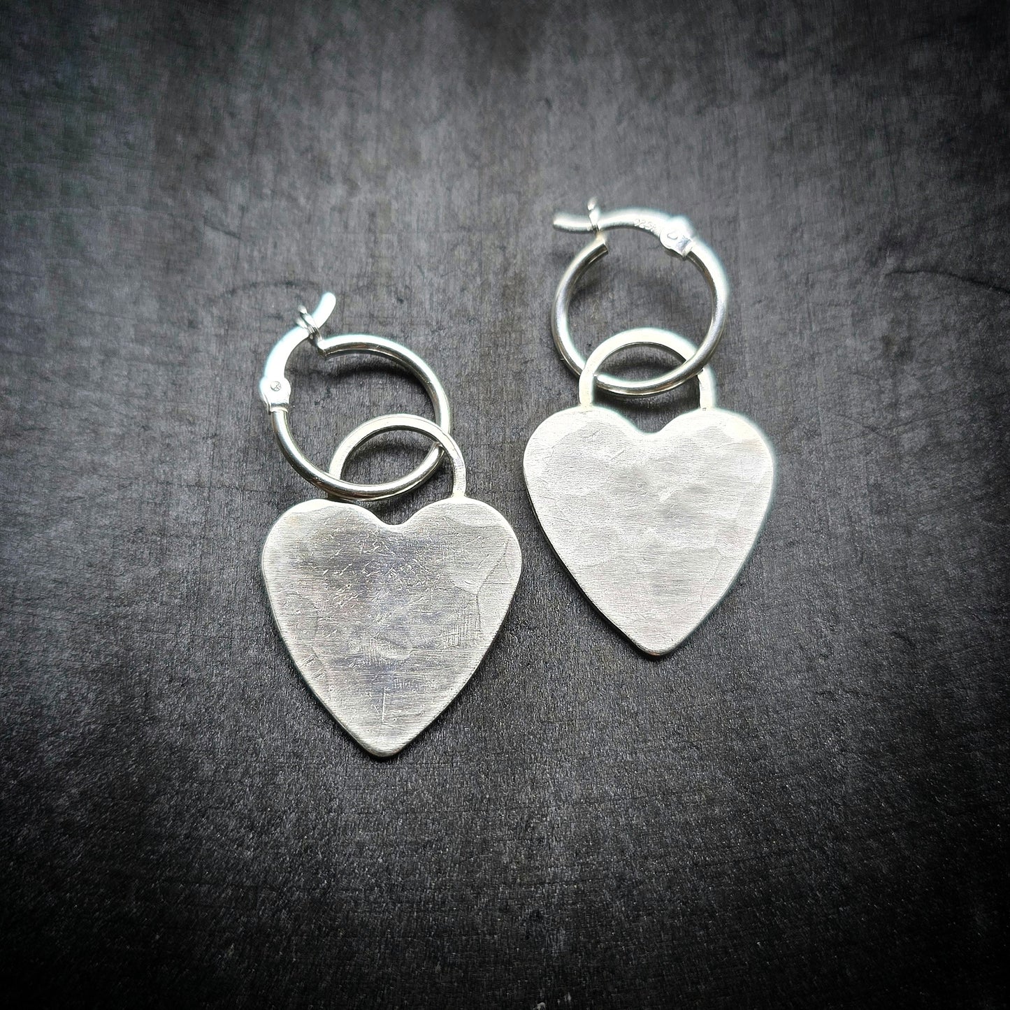 HEART Dangle Hoops | Hammered Heart 925 Sterling Silver Latch Back Hoop Earrings